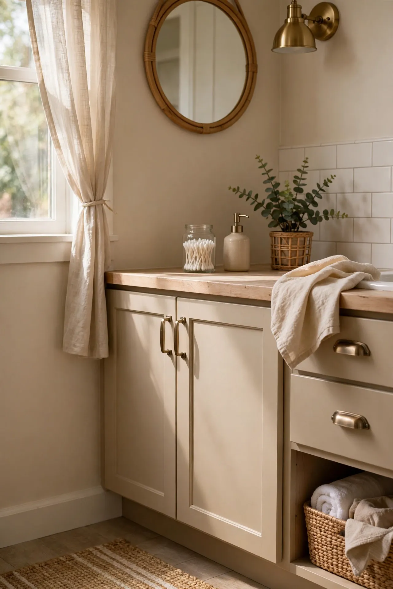 Beige painted bathroom cabinets with brushed brass pulls