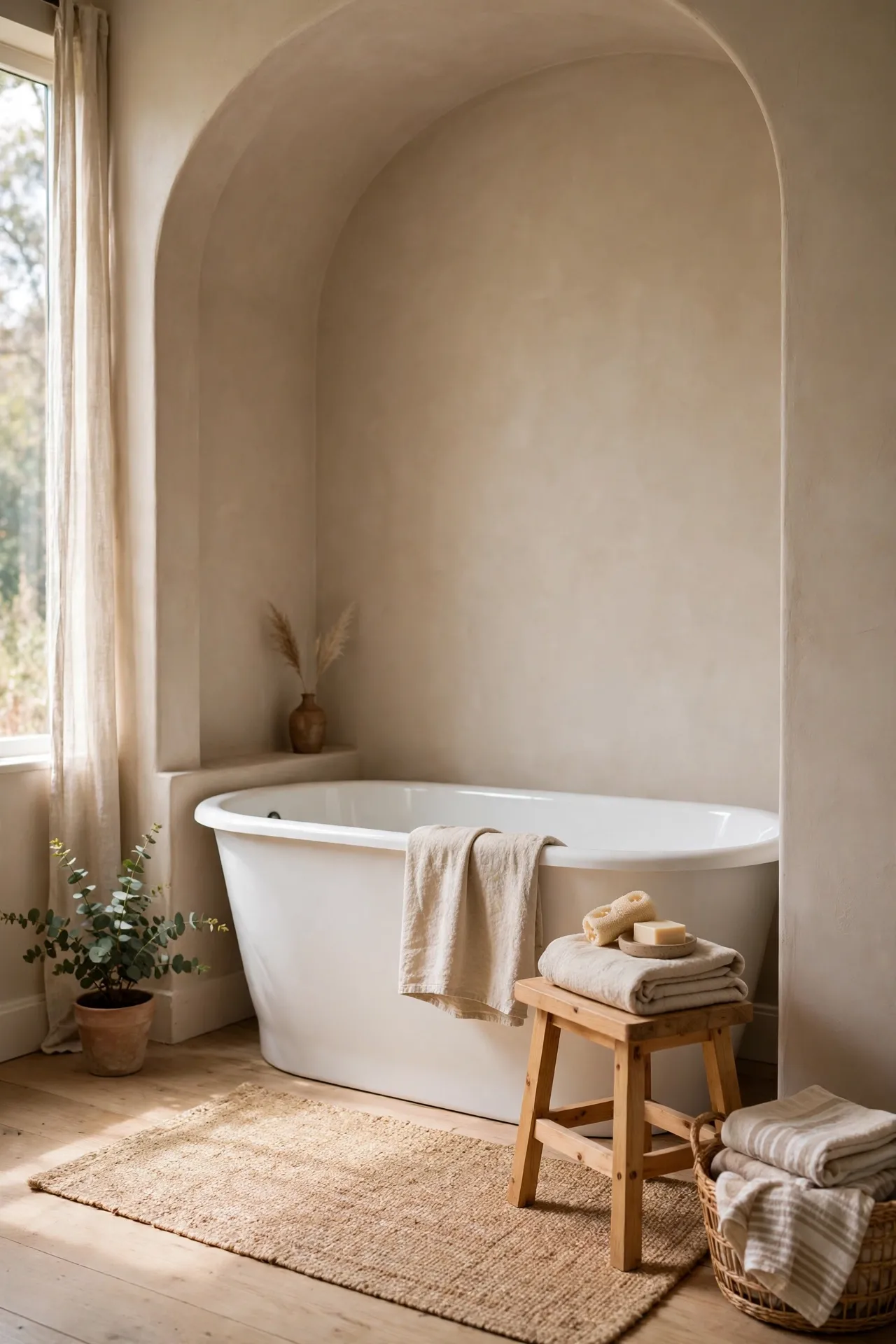 Freestanding tub in soft beige painted alcove with a wooden stool