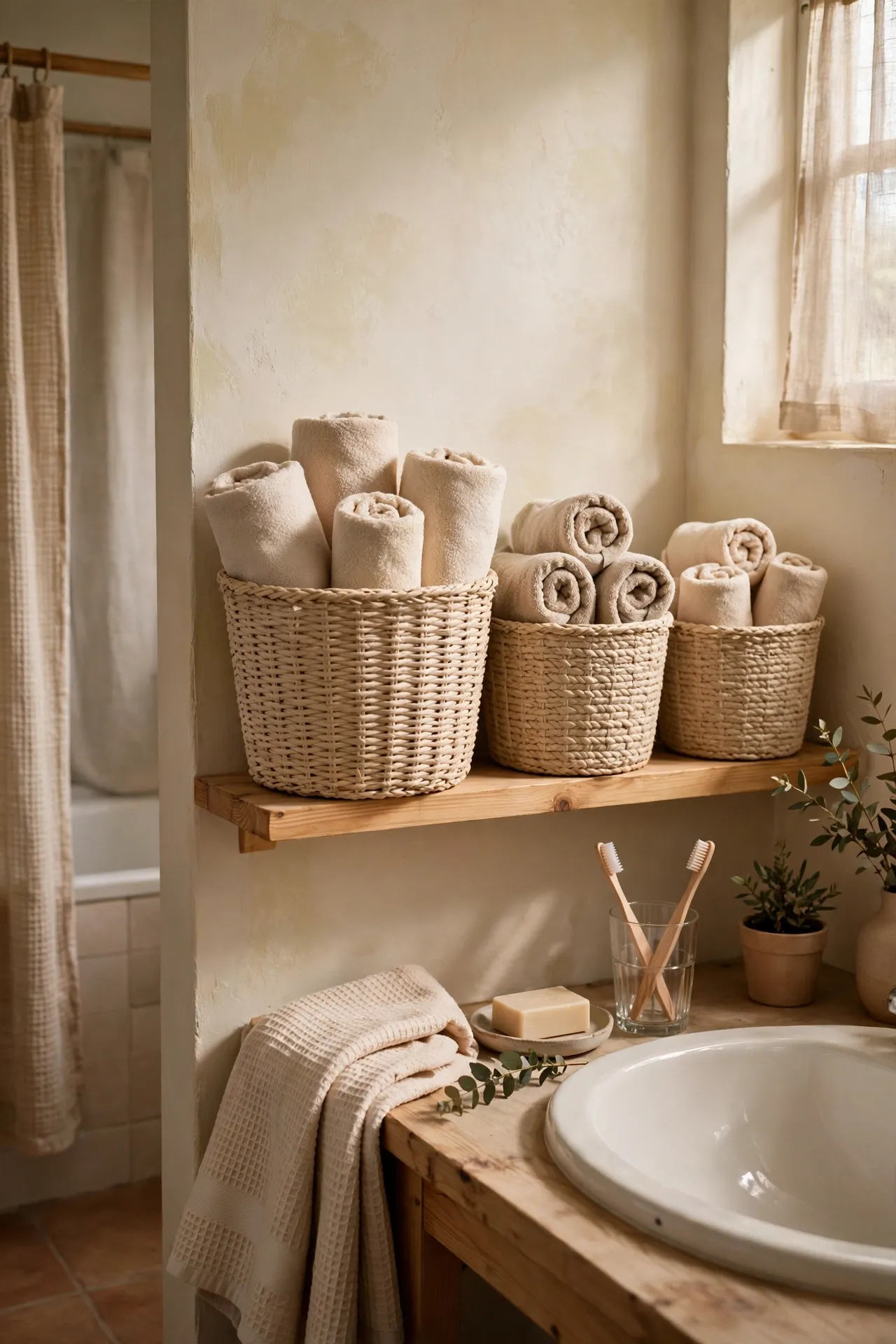 Beige woven baskets holding rolled towels in bathroom
