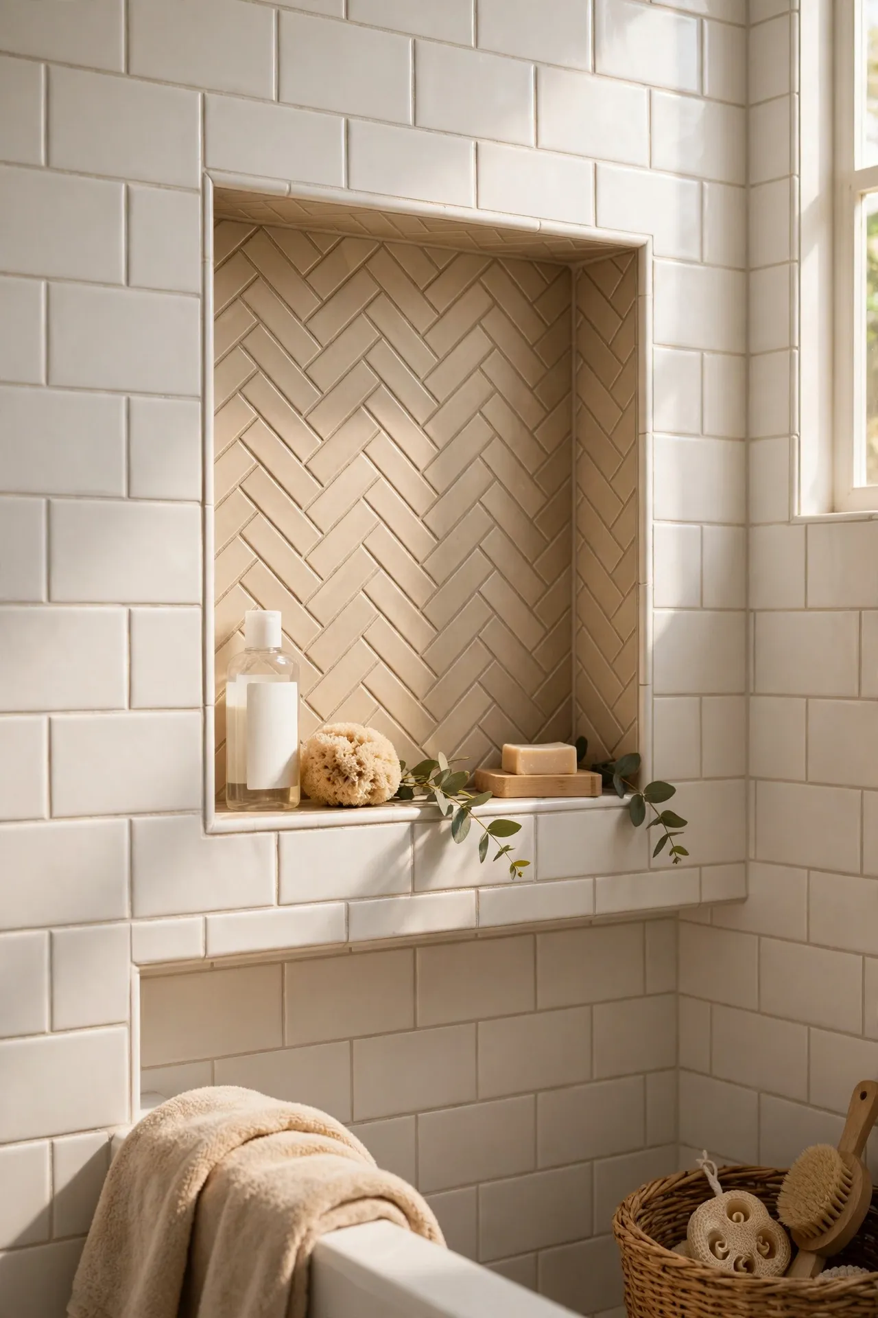 Herringbone beige tile pattern inside shower niche in bathroom