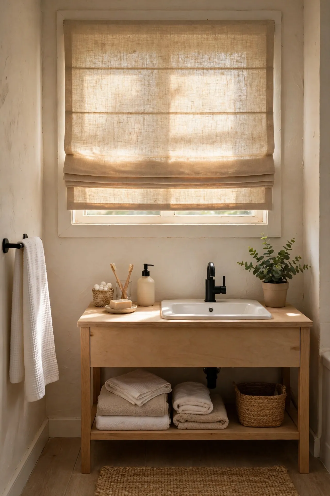 Beige Roman shade filtering soft morning bathroom light
