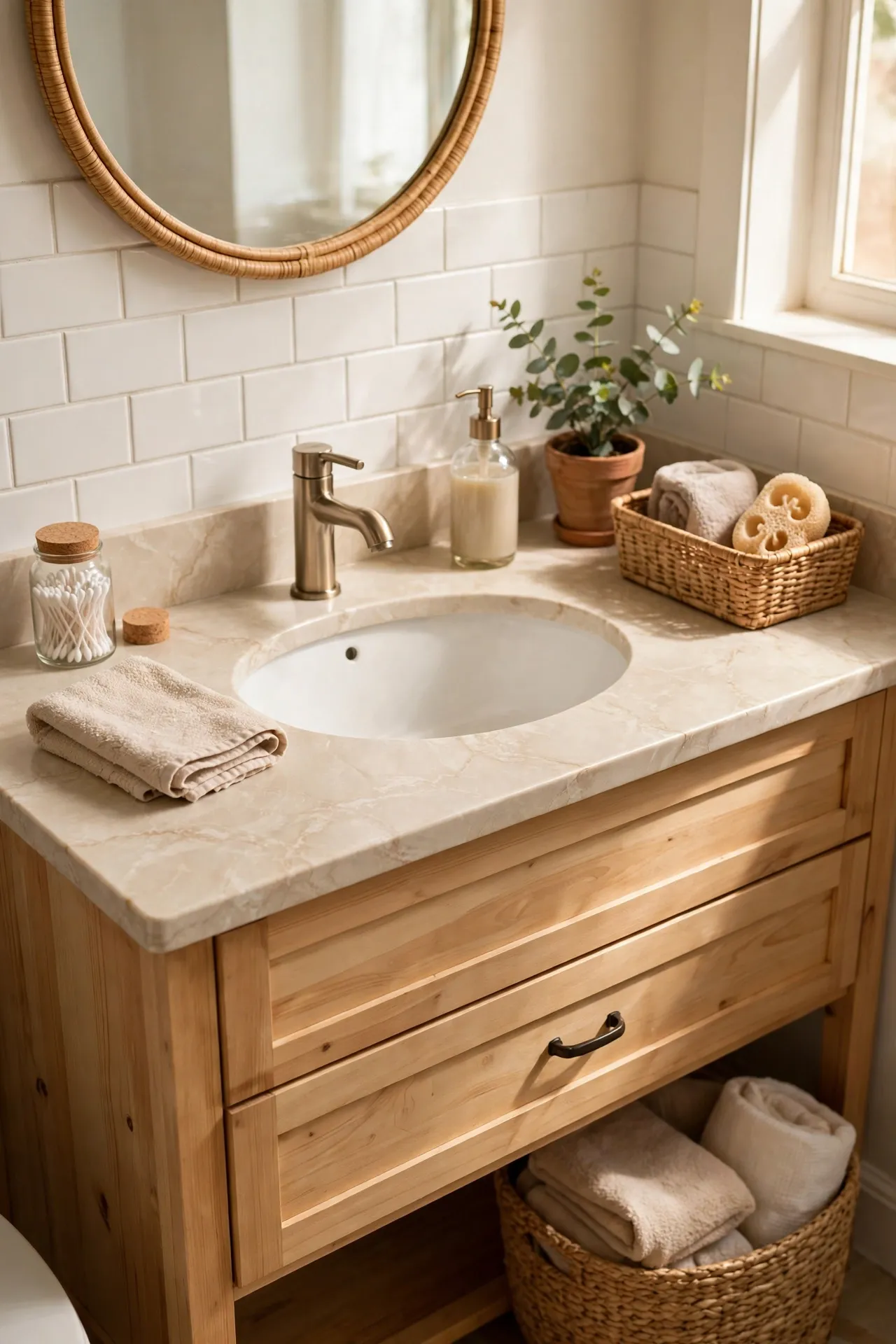 Marble-look beige countertop with soft veining details in bathroom