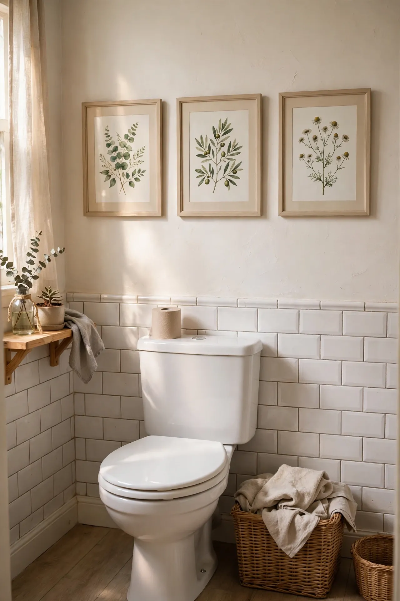 Beige framed botanical prints above bathroom toilet wall decor
