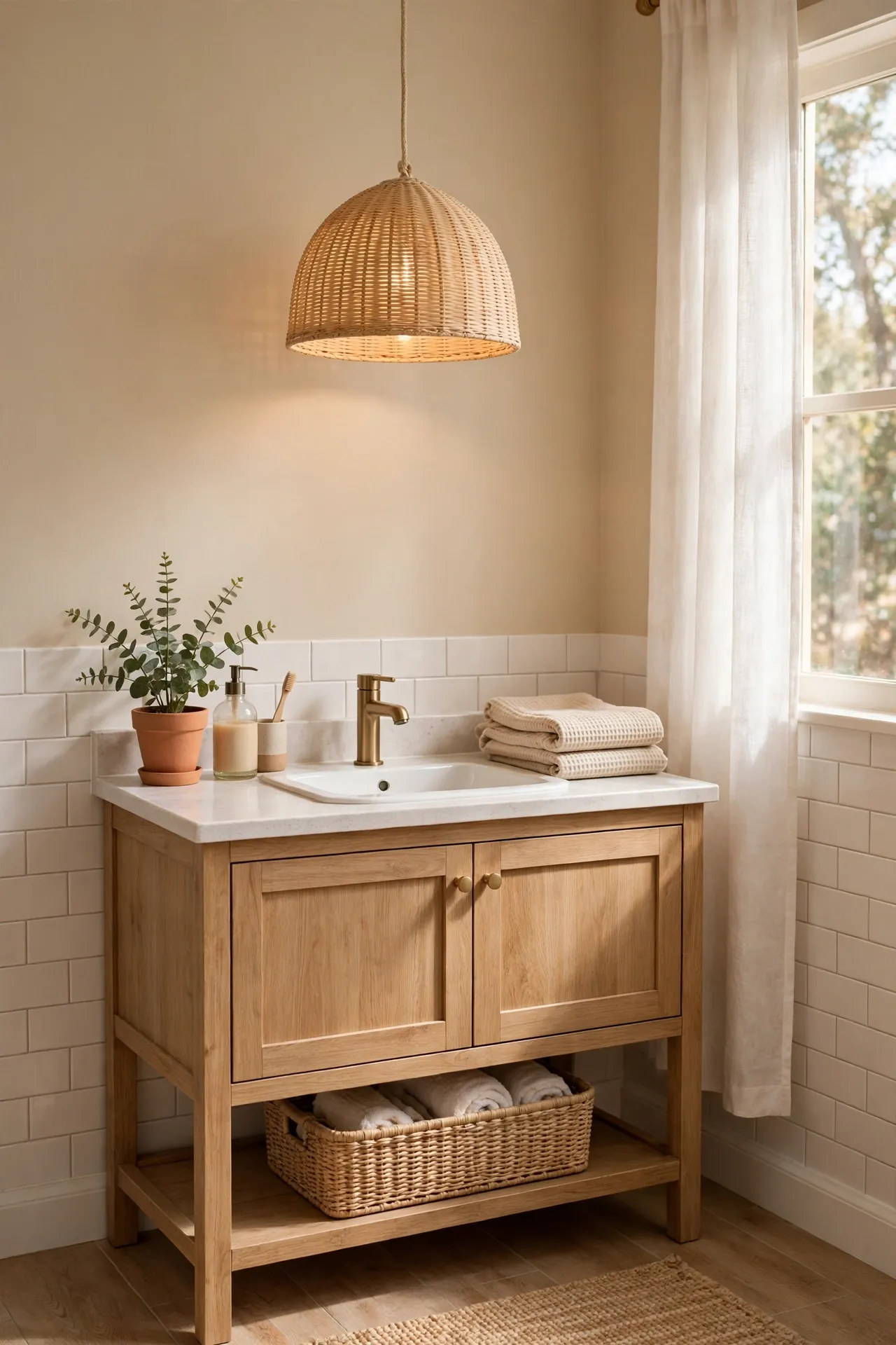 Warm beige pendant light hanging over bathroom vanity