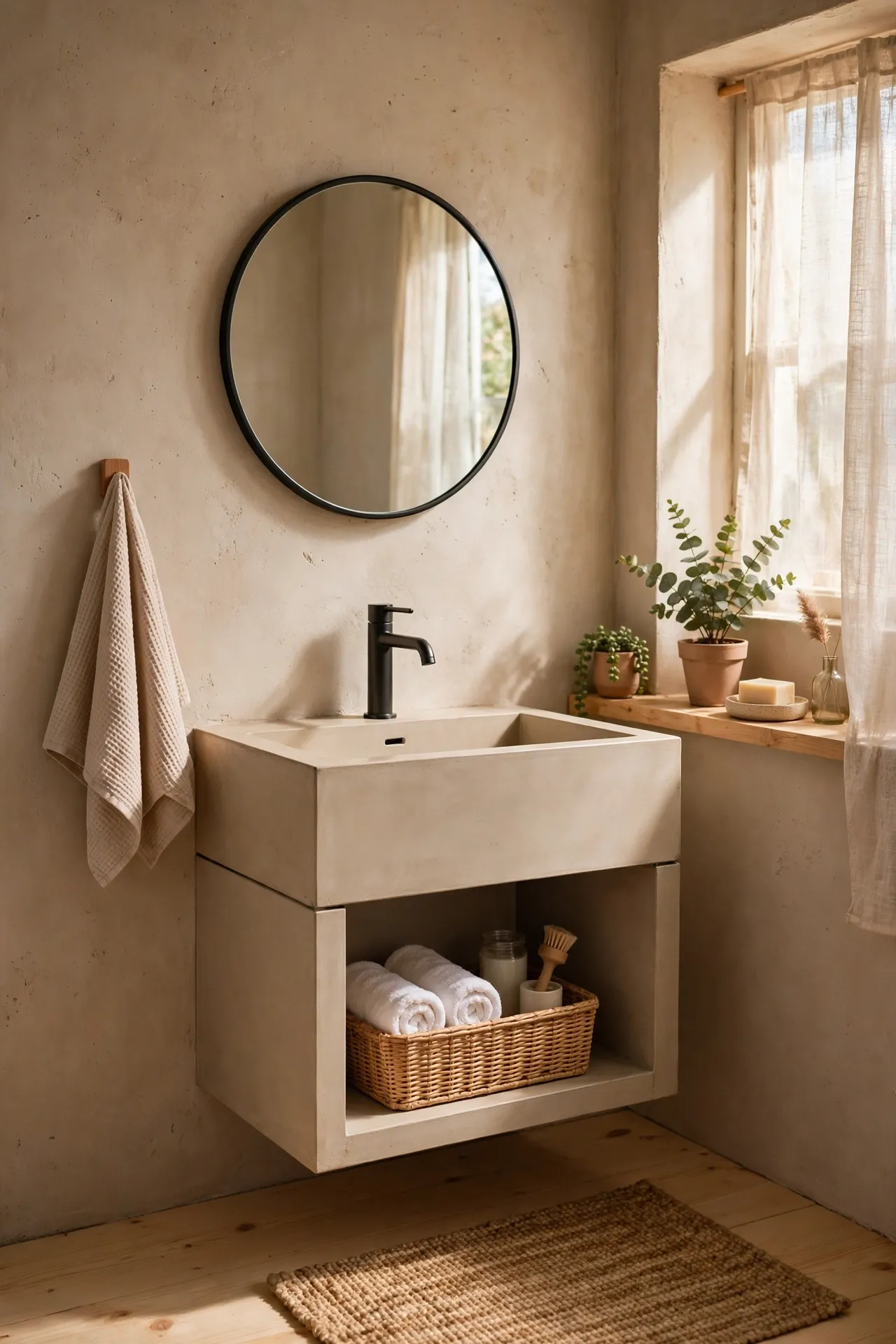 Beige concrete sink with clean minimalist bathroom lines
