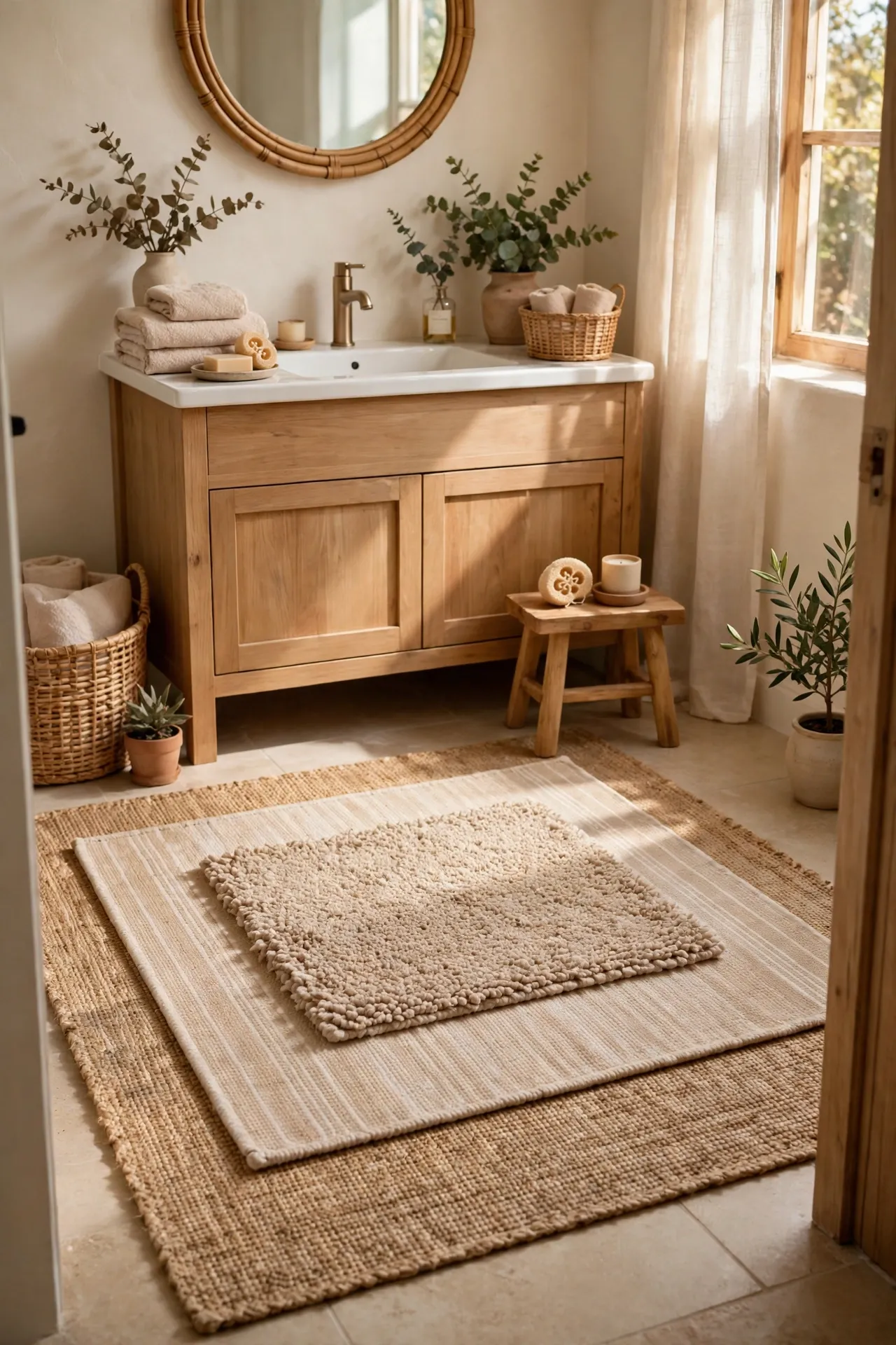 Layered beige rugs creating spa-like bathroom floor in home