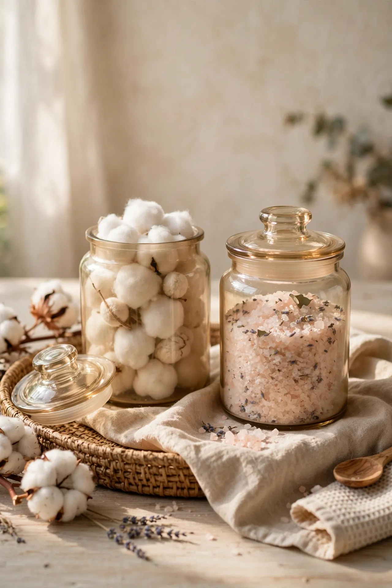 Beige glass jars holding cotton and bath salts