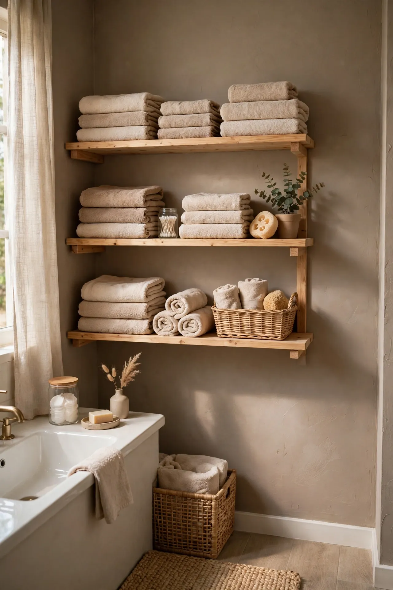 Taupe beige accent wall behind open bathroom shelving