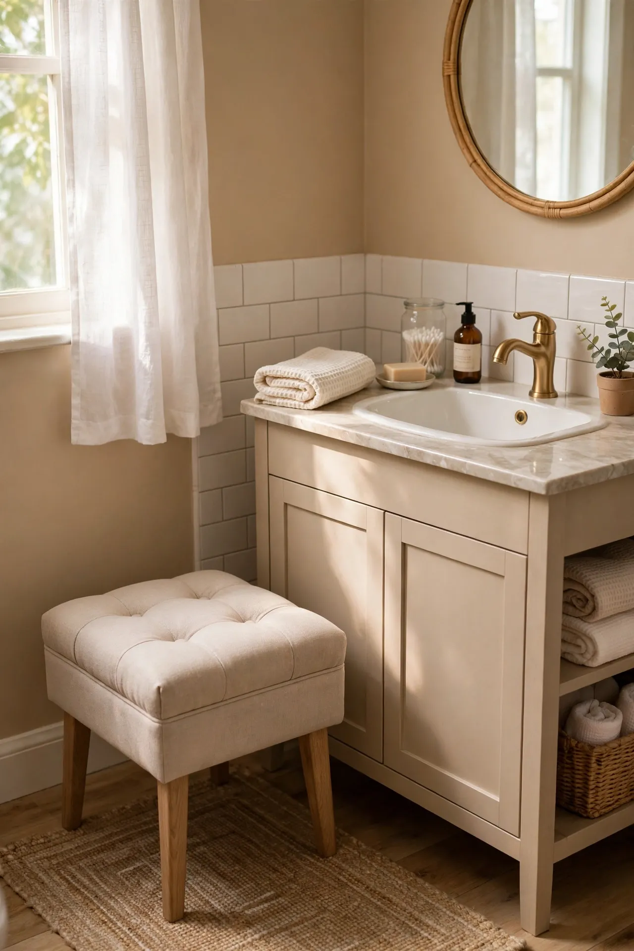 Beige upholstered stool placed beside bathroom vanity in home