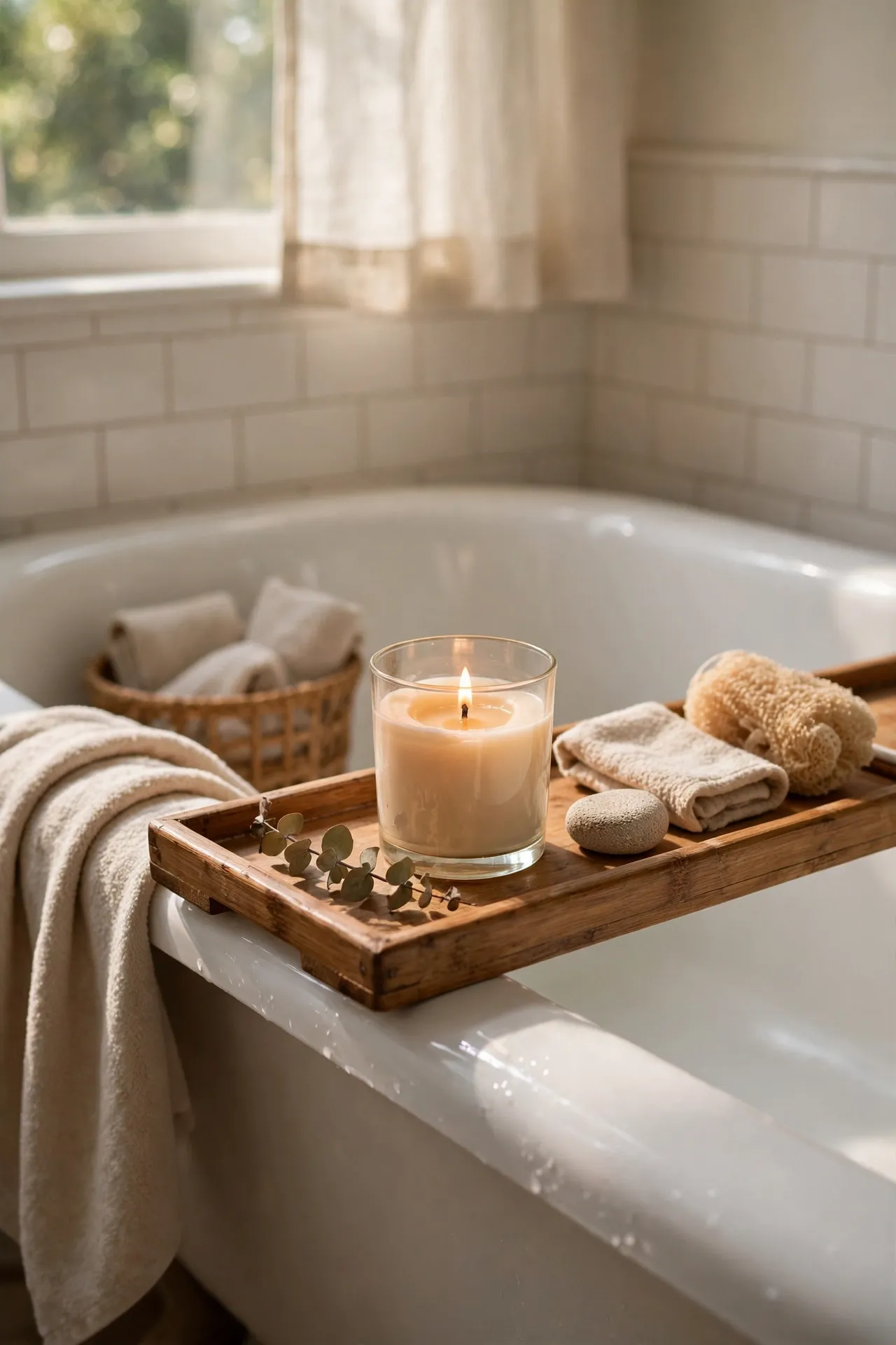 Scented candle on tray resting on bathtub edge