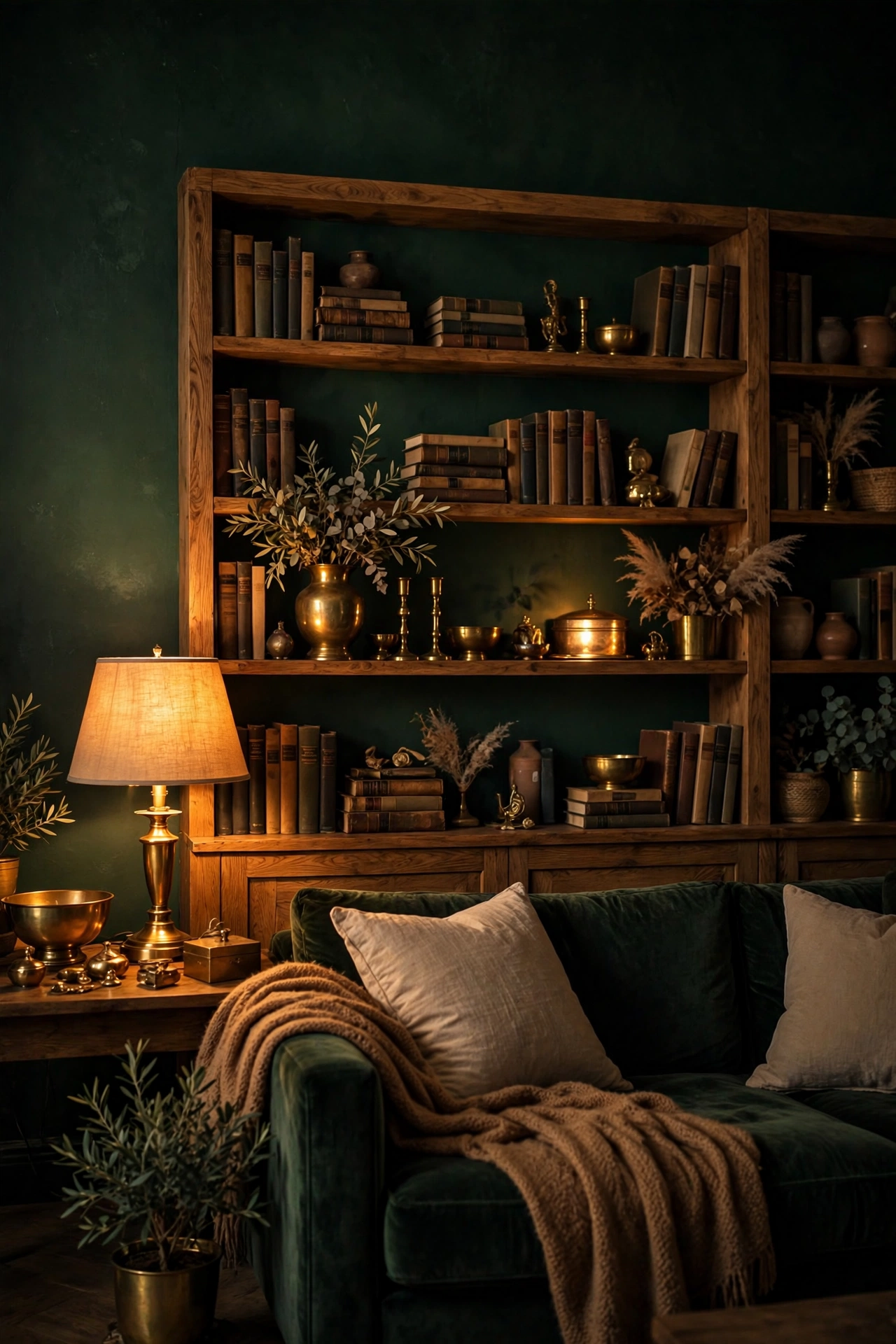 Deep forest green accent wall behind bookshelves, moody living room ideas on a budget