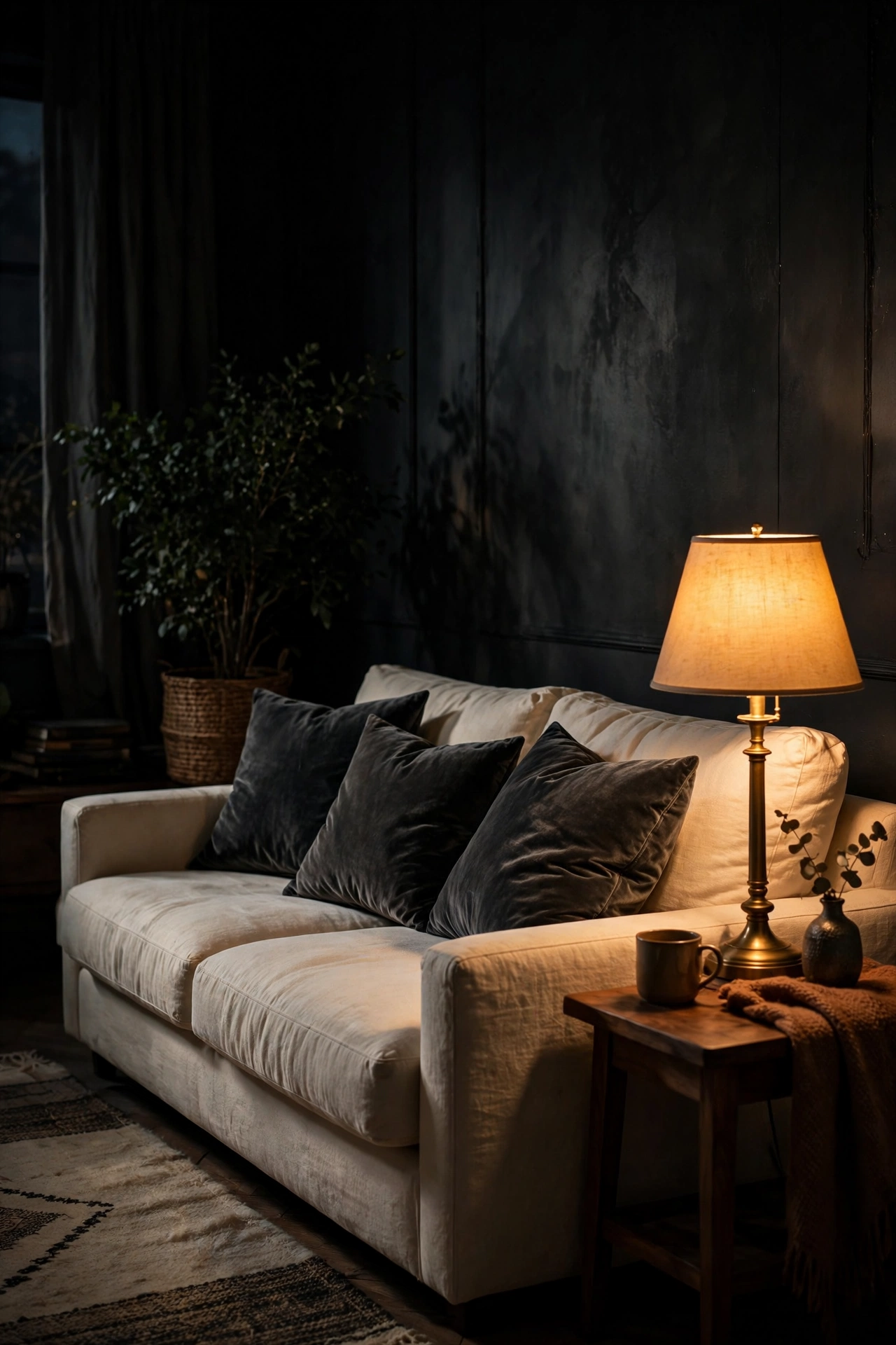 Charcoal velvet pillows on cream sofa creating contrast, moody living room on a budget