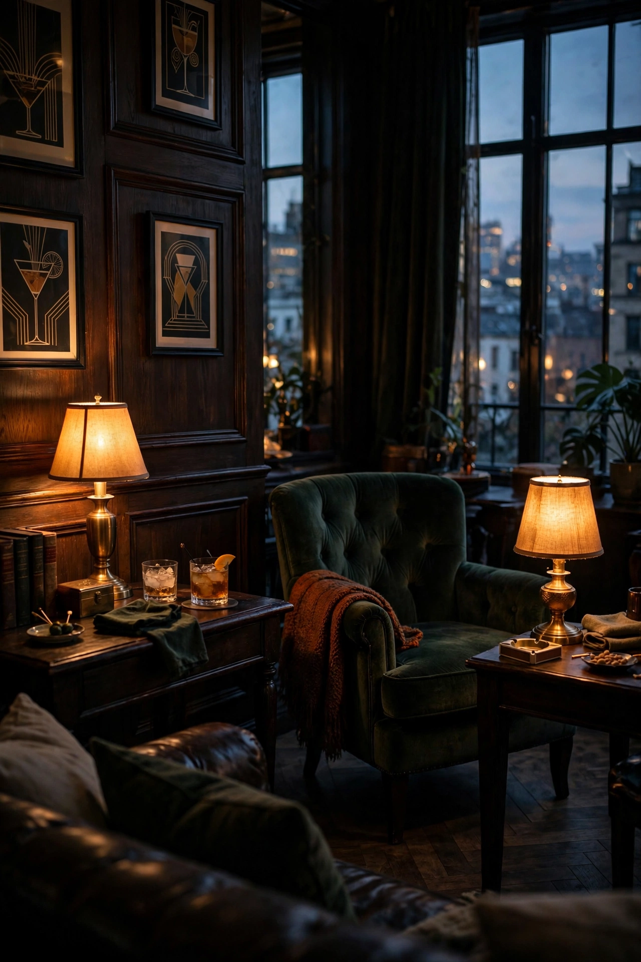 Thrifted table lamps glowing warm in dark moody living room, budget lighting