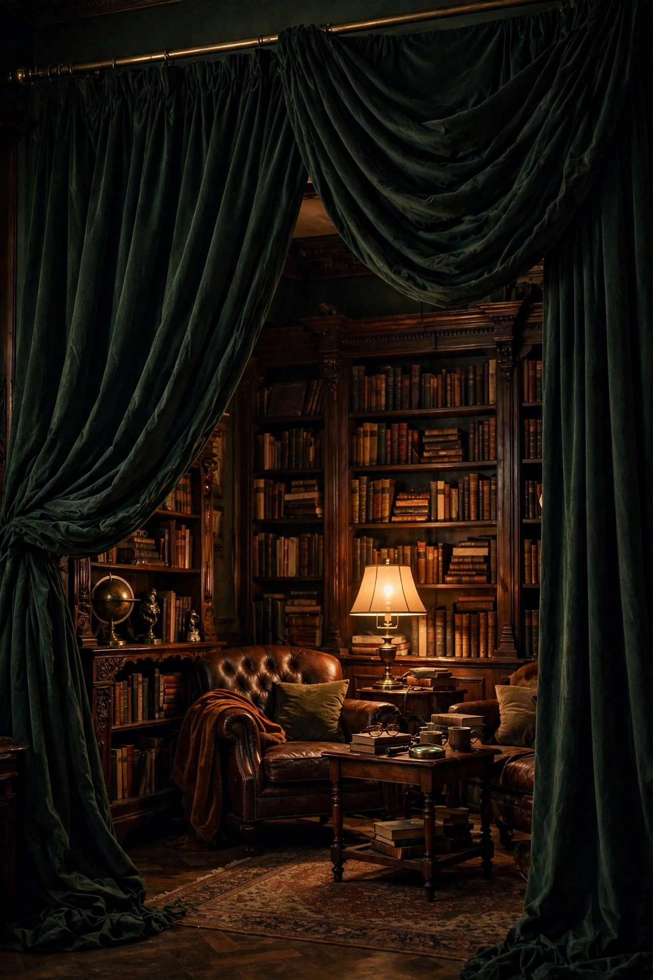 Heavy dark velvet curtains in moody living room, budget dramatic window treatment