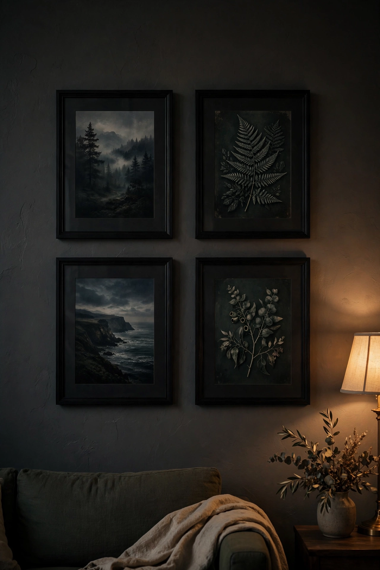 Black frame gallery wall with dark moody art prints, budget living room decor