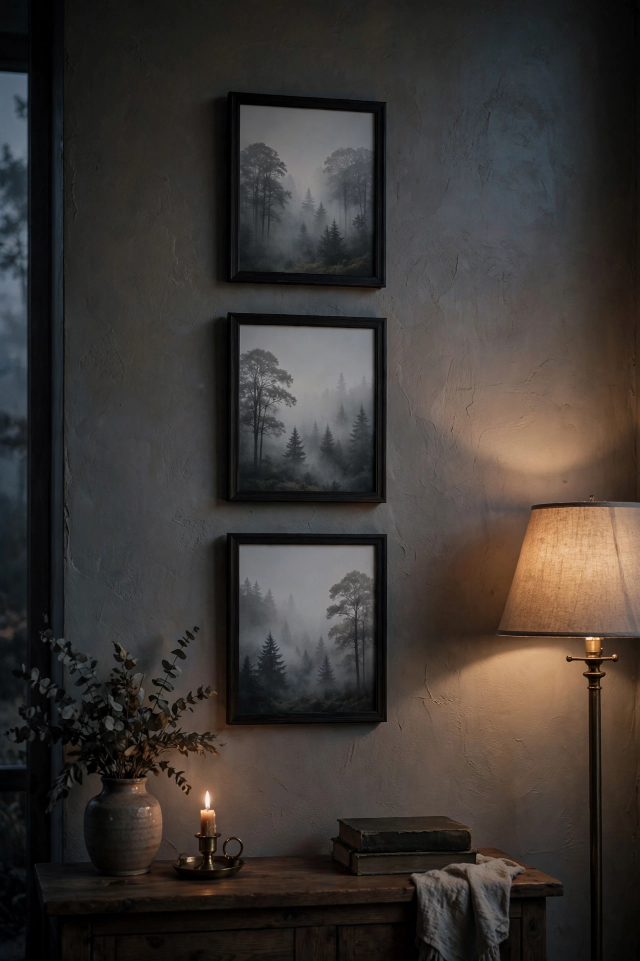 Misty forest prints in black frames setting moody tone, cheap living room wall art