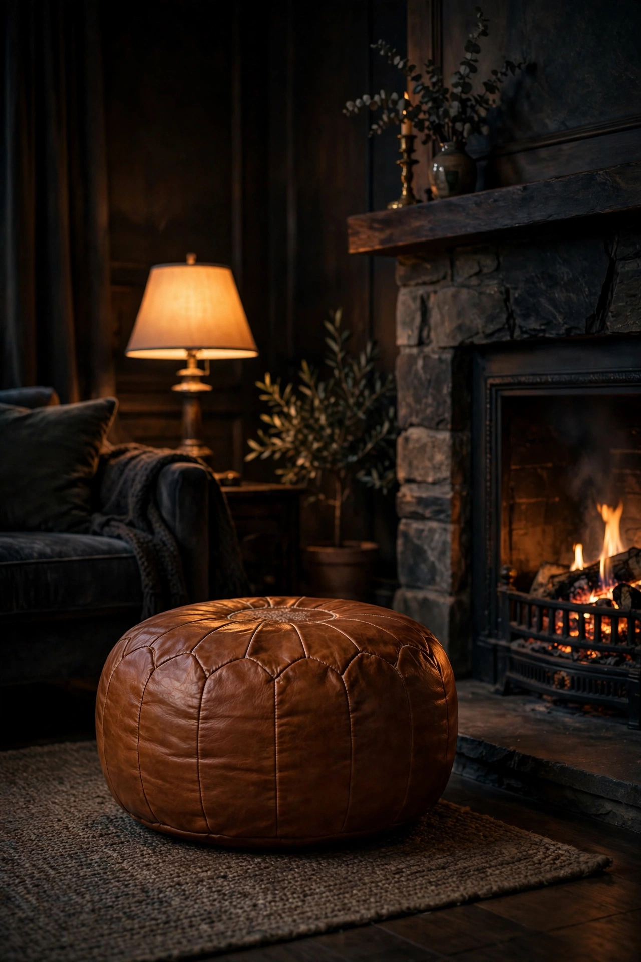 Cognac faux leather pouf by fireplace in moody living room, budget texture
