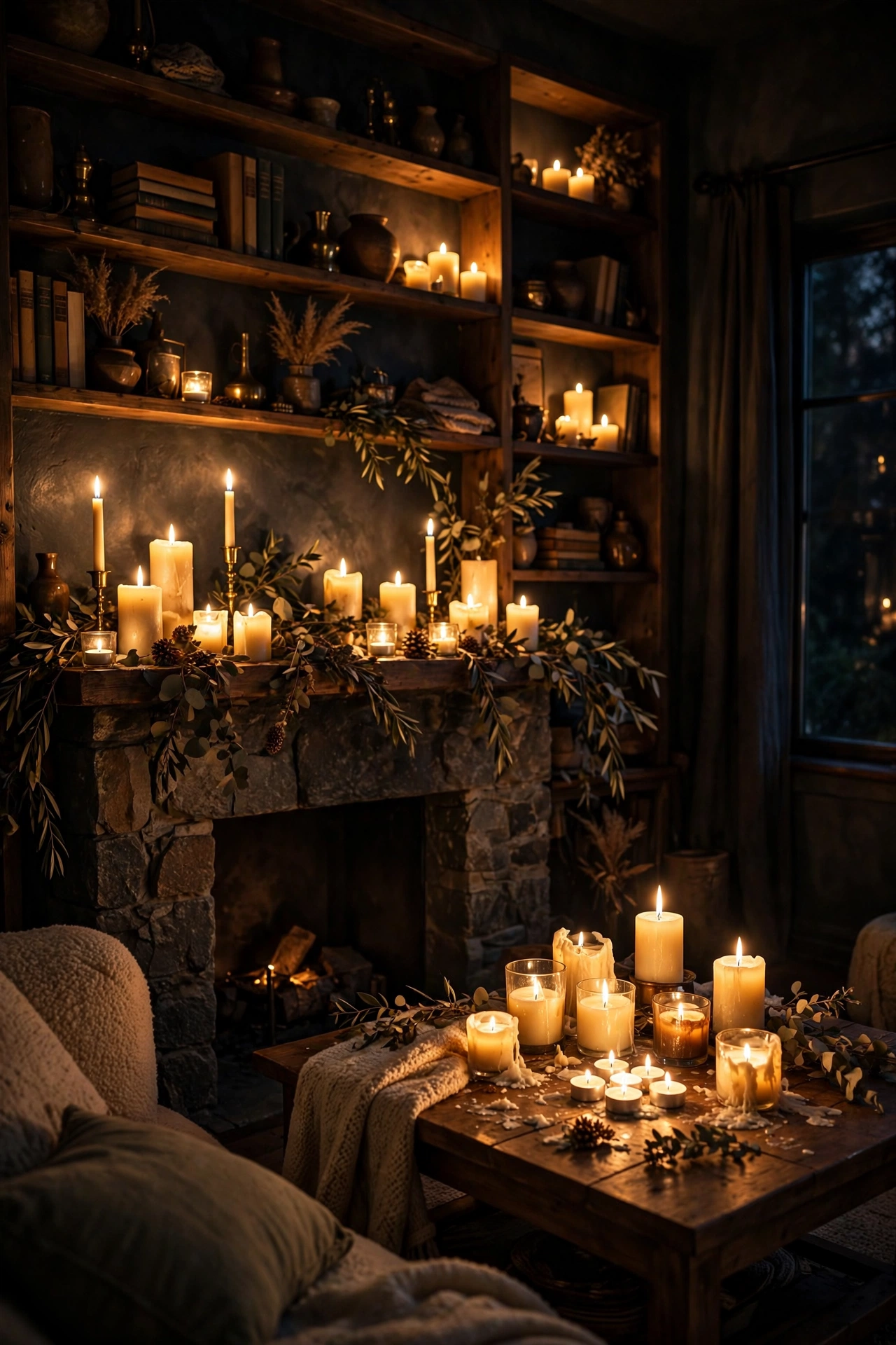 Candle clusters flickering on mantel and tables in moody living room, budget ambiance