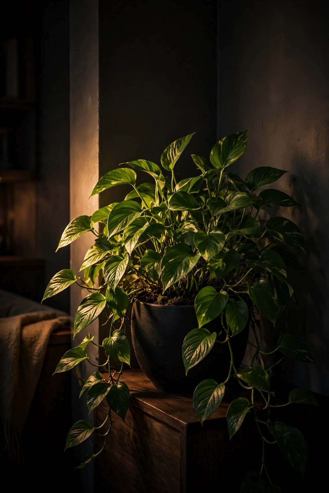 Large pothos in black pot glowing in dark living room corner, moody plant decor