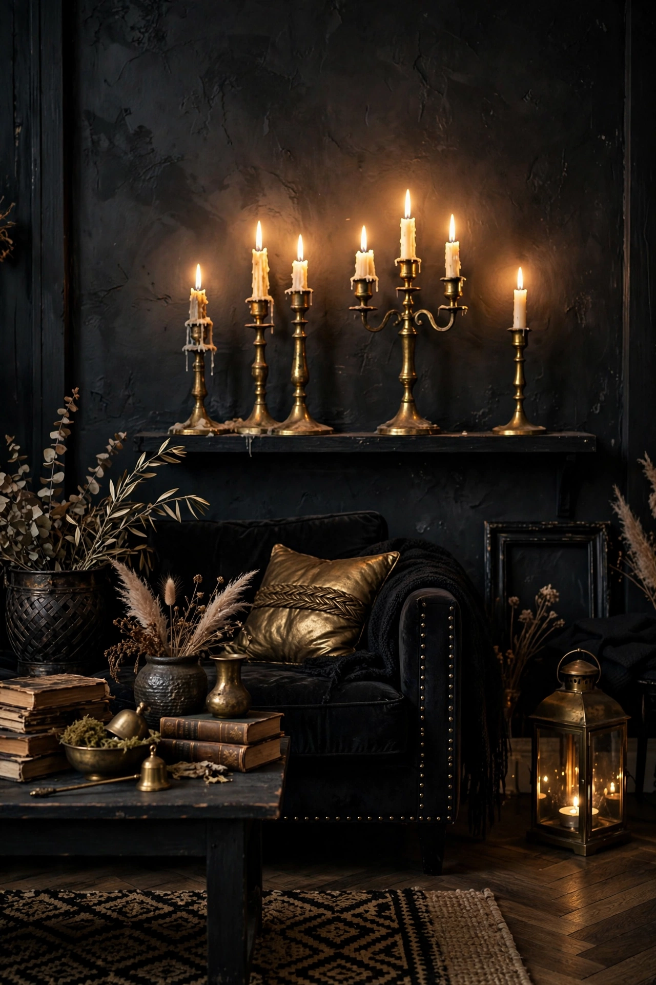 Thrifted brass candlesticks glowing against charcoal wall, moody living room decor