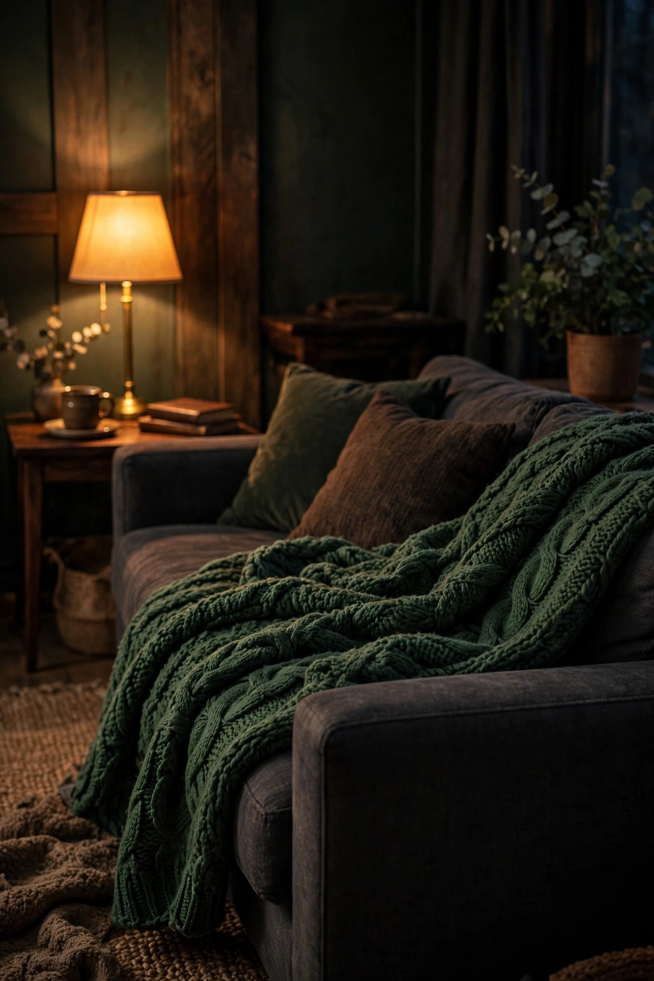 Forest green chunky knit throw on sofa in moody living room, budget cozy textile
