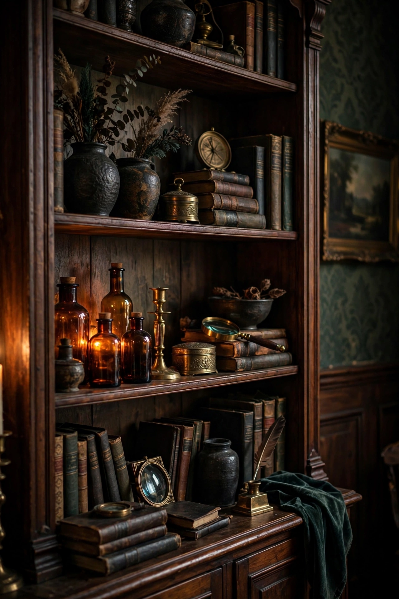Bookshelf styled with dark ceramics amber glass and brass, moody Victorian study look