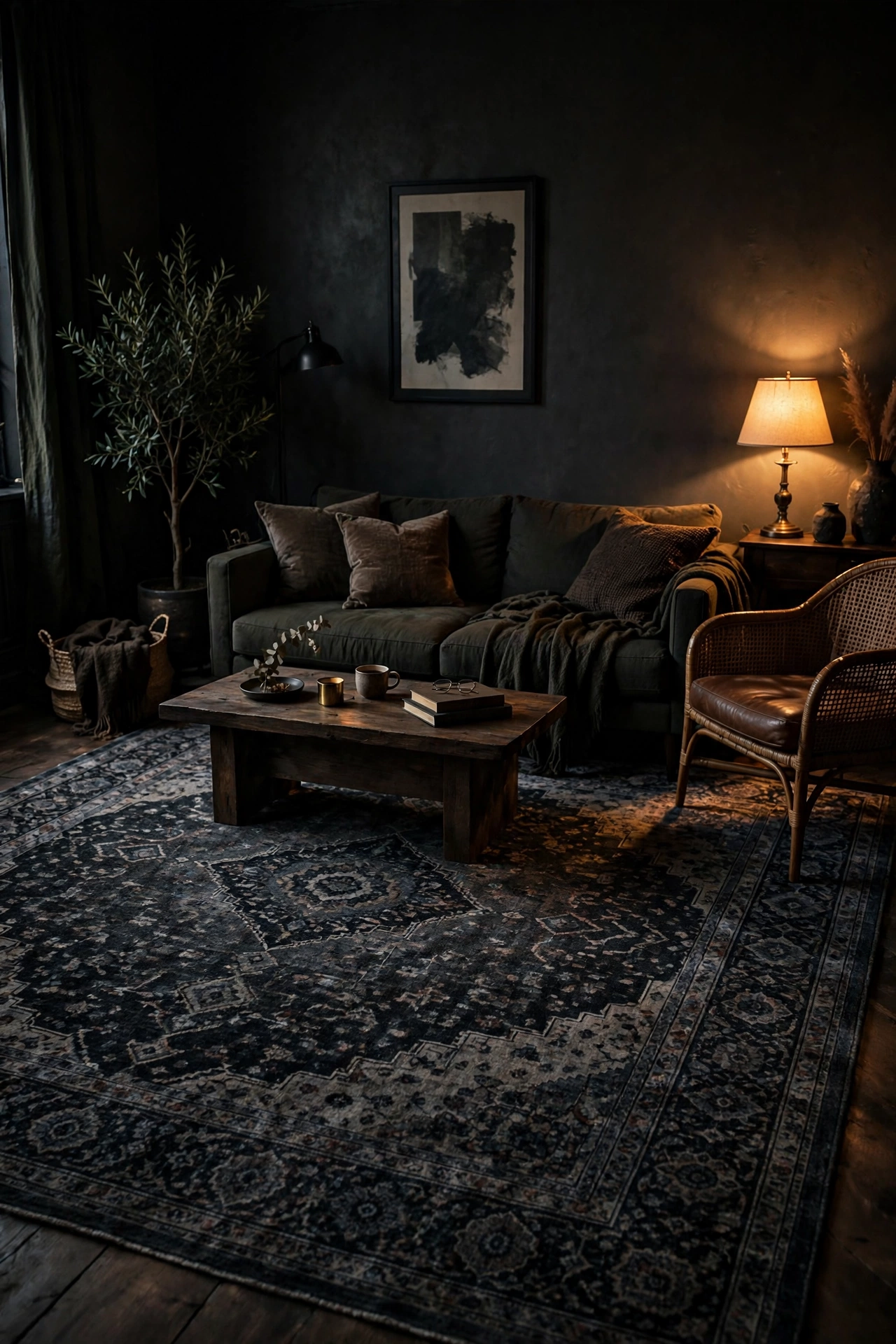 Charcoal Persian look rug anchoring moody living room seating area, budget rug