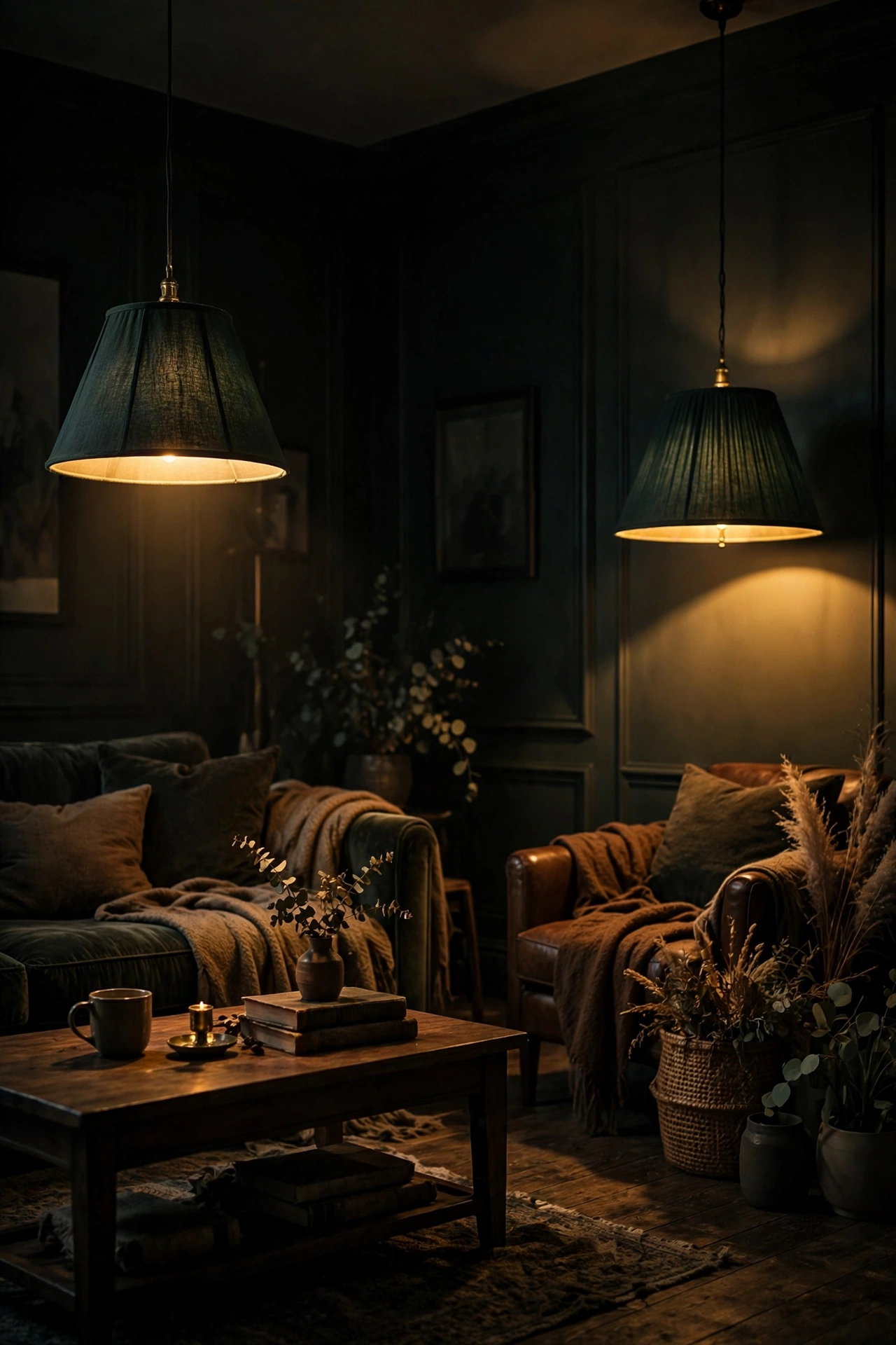 Dark green lamp shades casting golden pools of light in moody living room