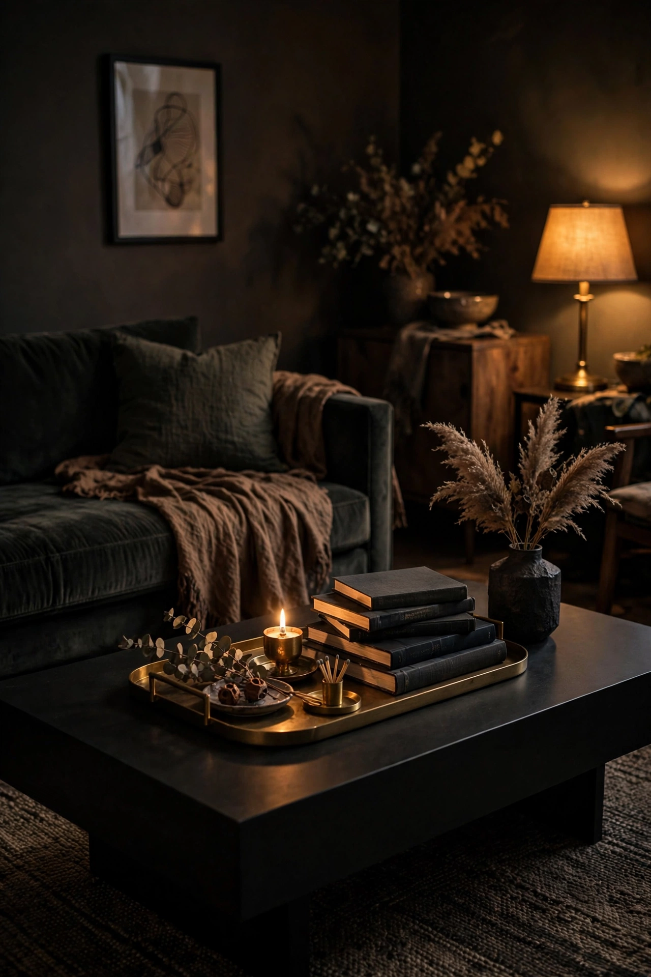 Matte black coffee table styled with brass tray and dark books, moody living room