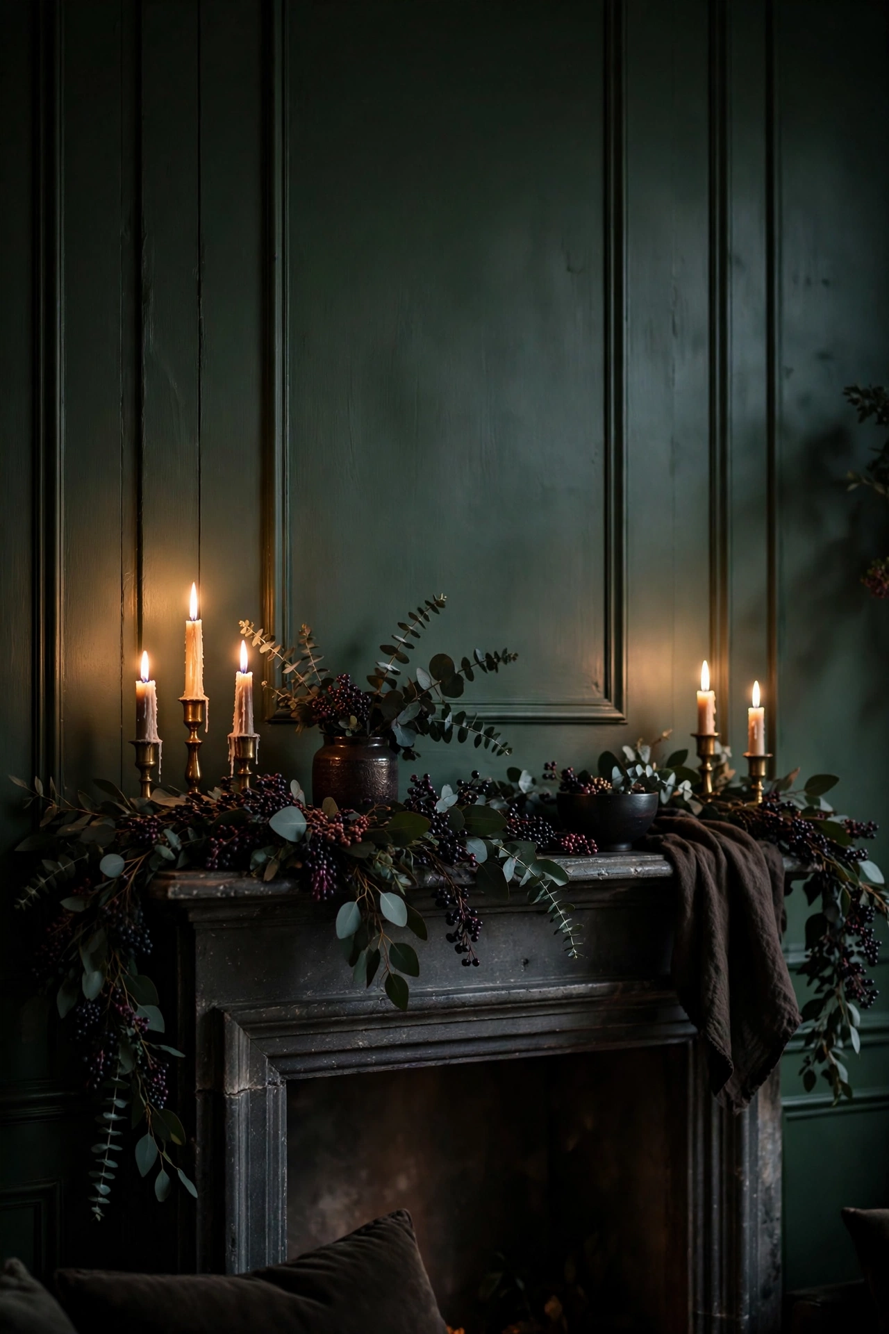 Dark eucalyptus and berry garland on mantel against forest green wall, moody decor