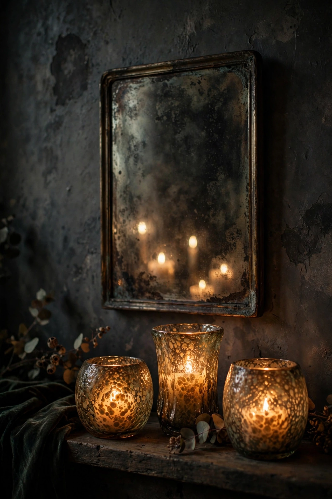 Antiqued smoky mirror glowing in candlelight in moody living room, budget find
