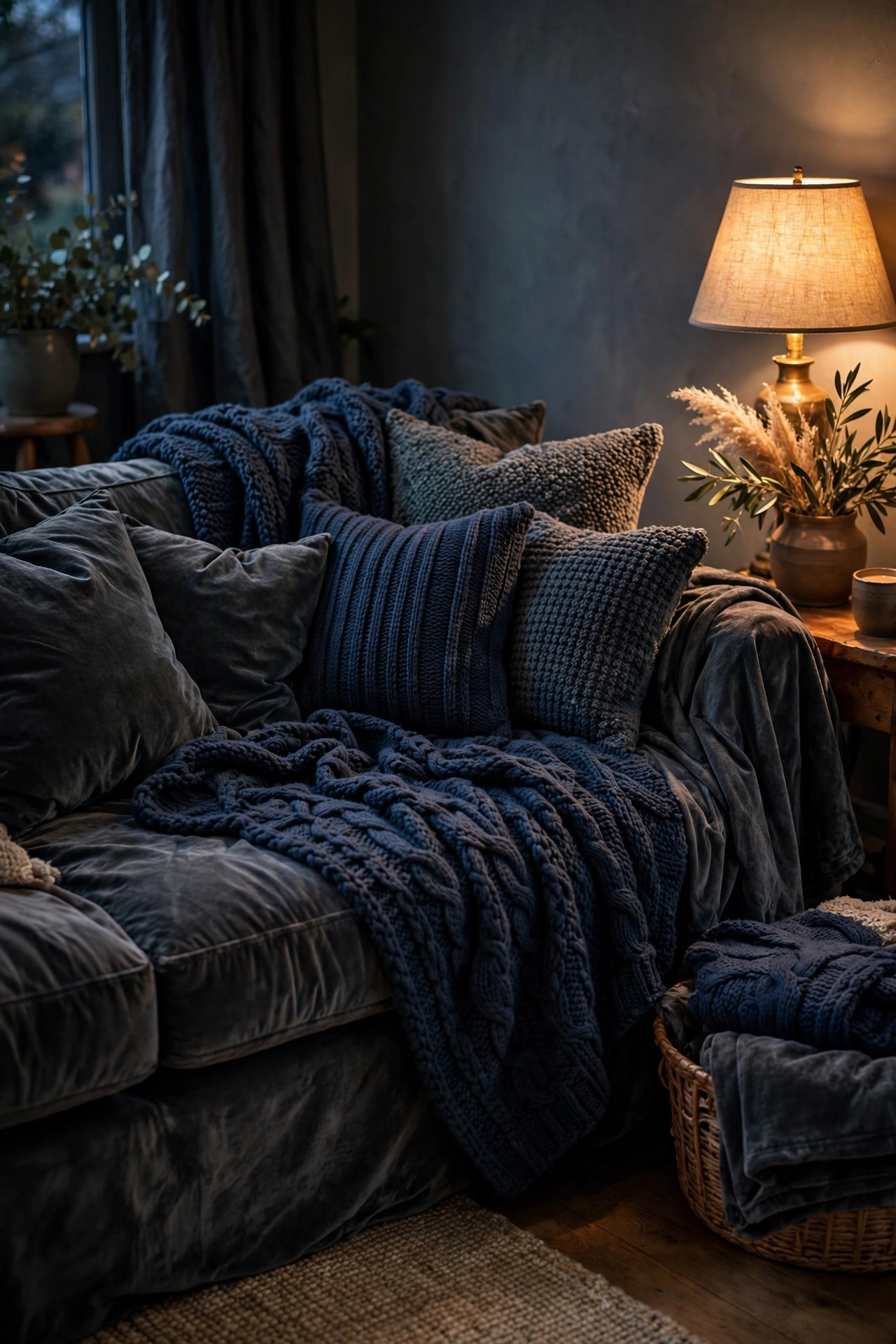 Layered charcoal and navy textiles with velvet and knit on sofa, moody cozy living room