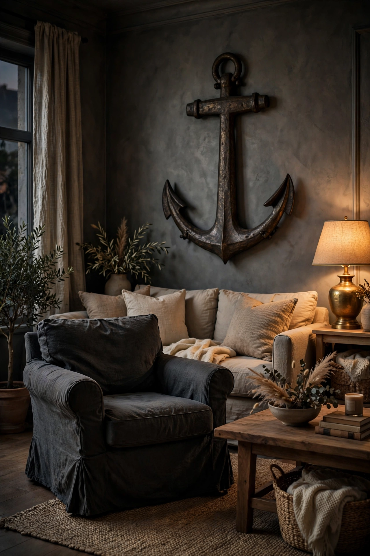 Dark charcoal slipcovered armchair as statement piece in moody living room, thrifted