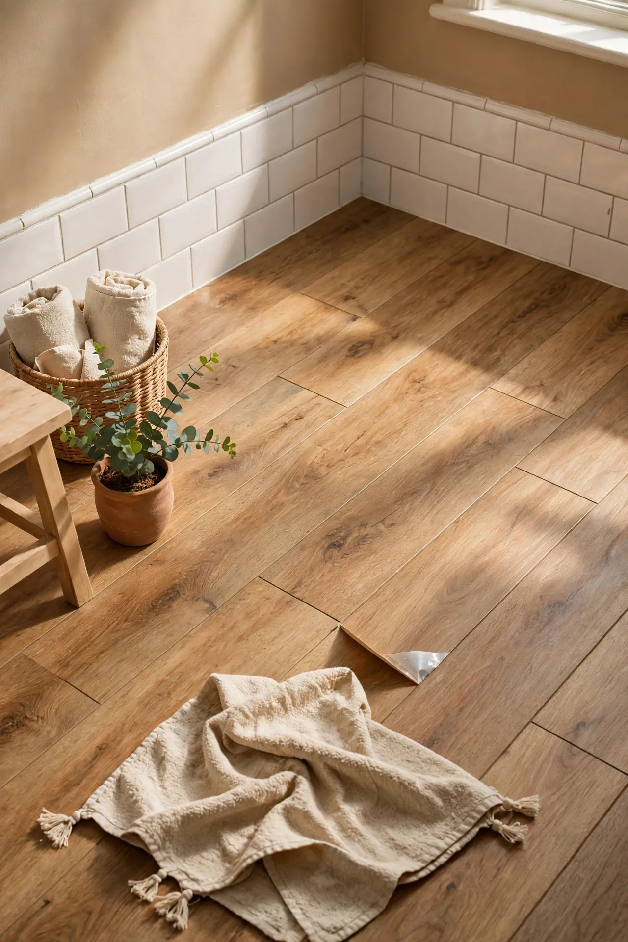 Warm wood-look peel and stick planks in bathroom