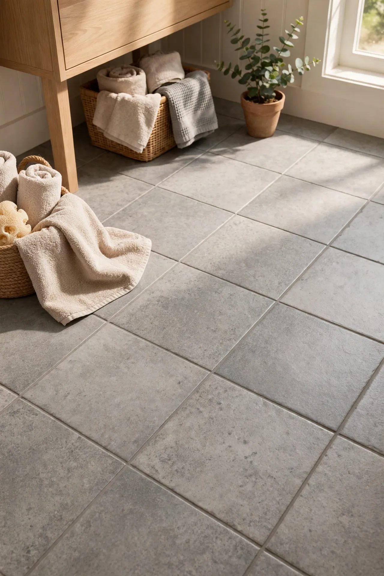 Soft grey matte stone peel and stick bathroom tiles