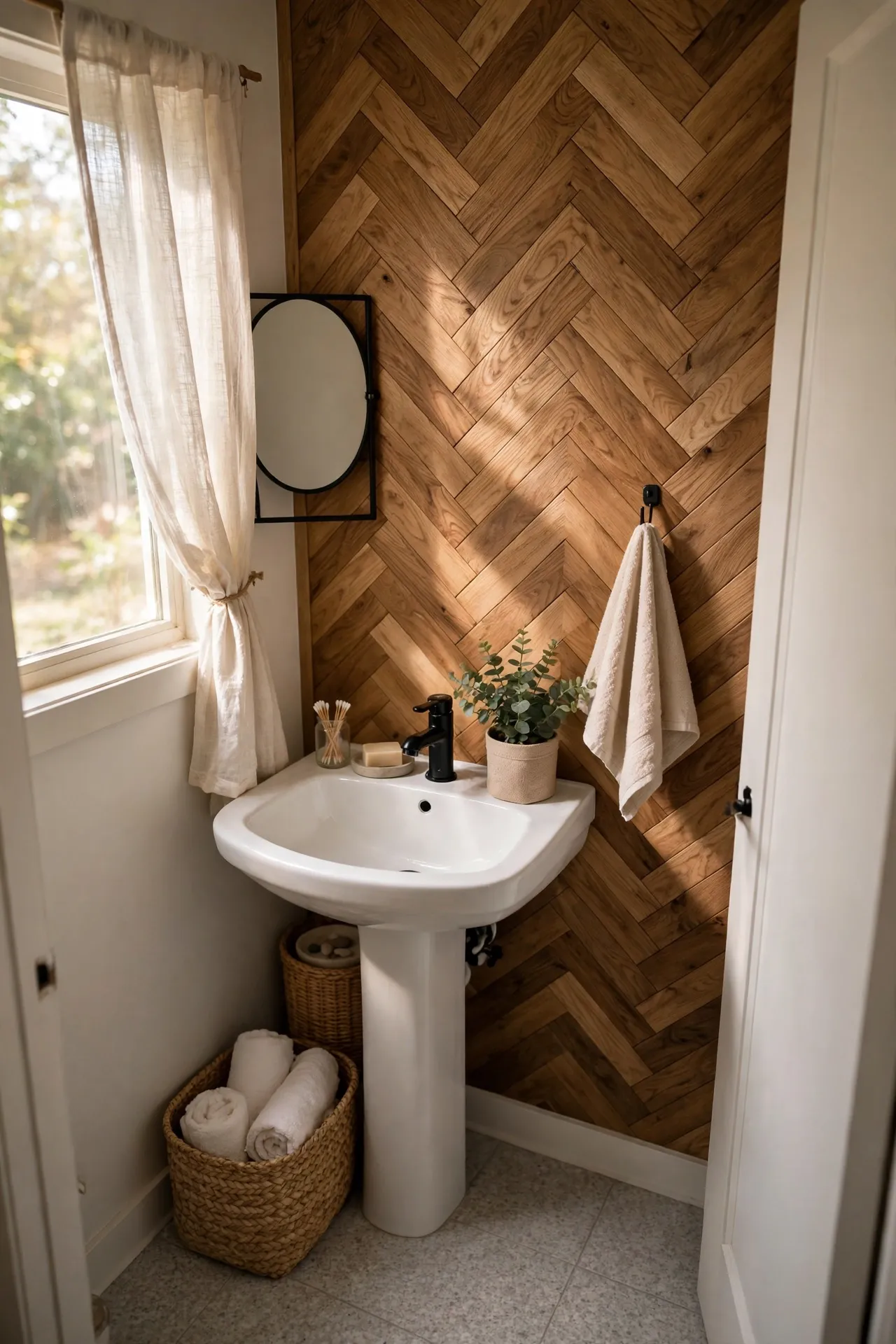 Herringbone wood planks on small bathroom floor in home