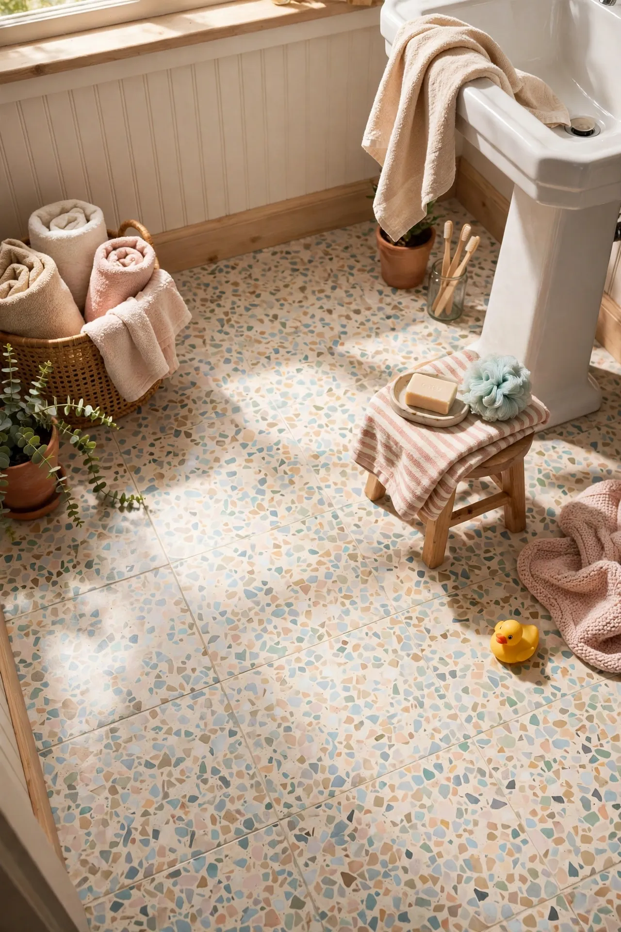 Terrazzo speckle peel and stick tiles on bathroom floor
