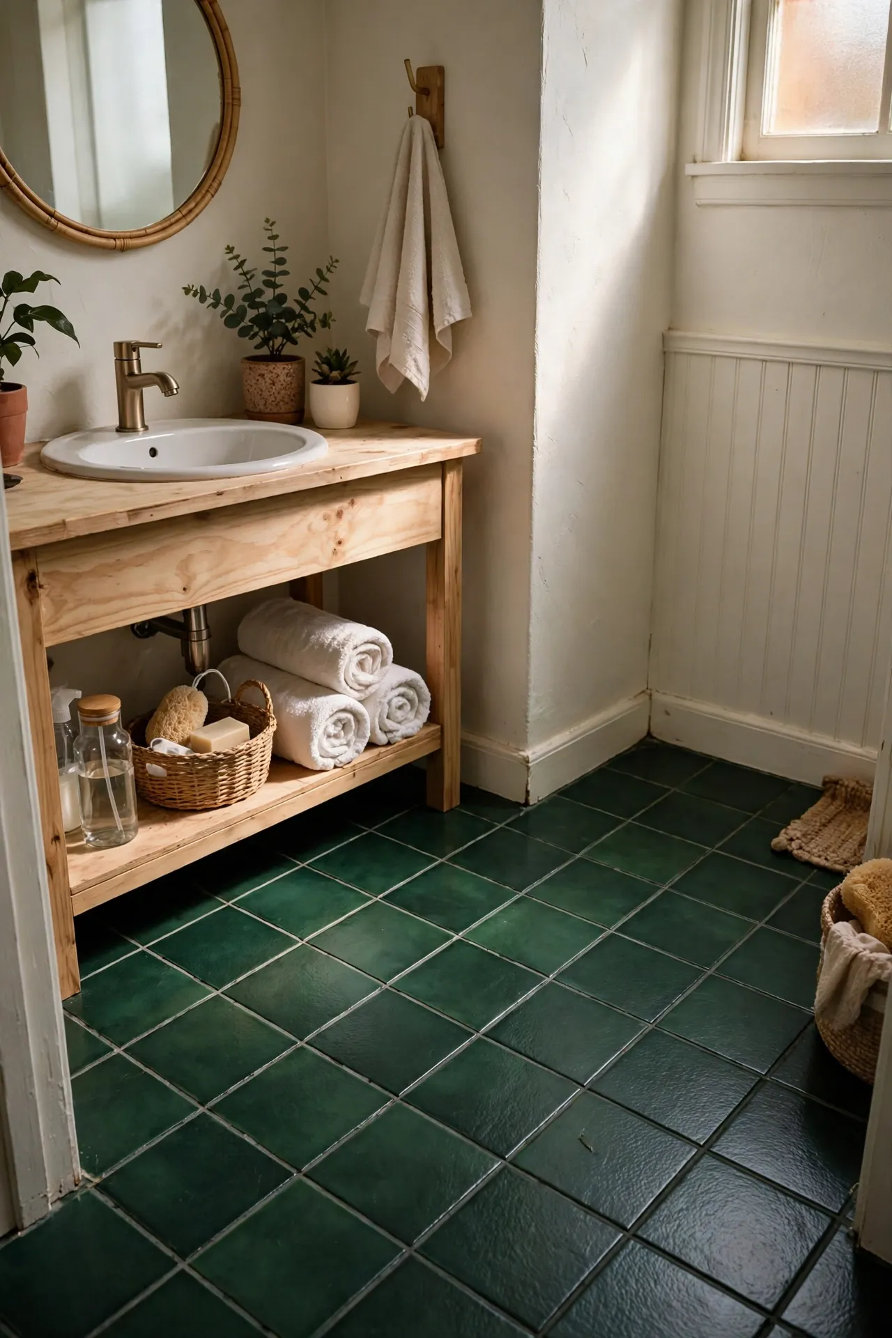 Deep green peel and stick tiles on bathroom floor