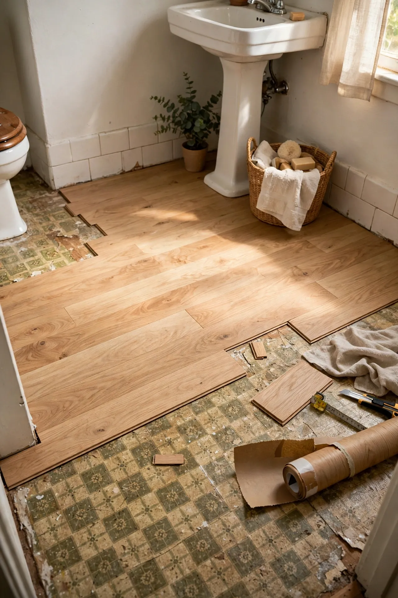 Light oak planks laid over old bathroom linoleum