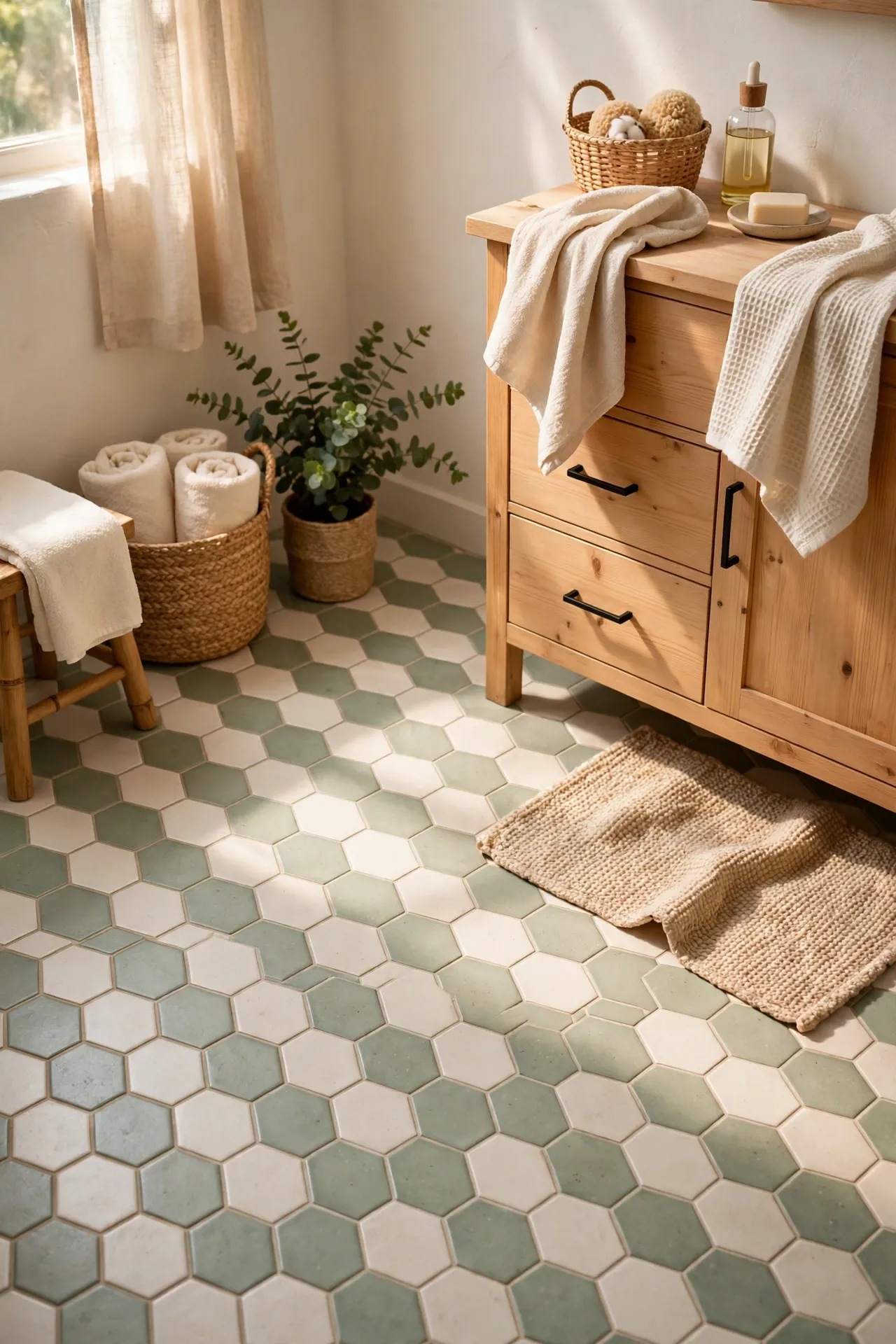 Hexagon tiles in sage and cream on bathroom floor