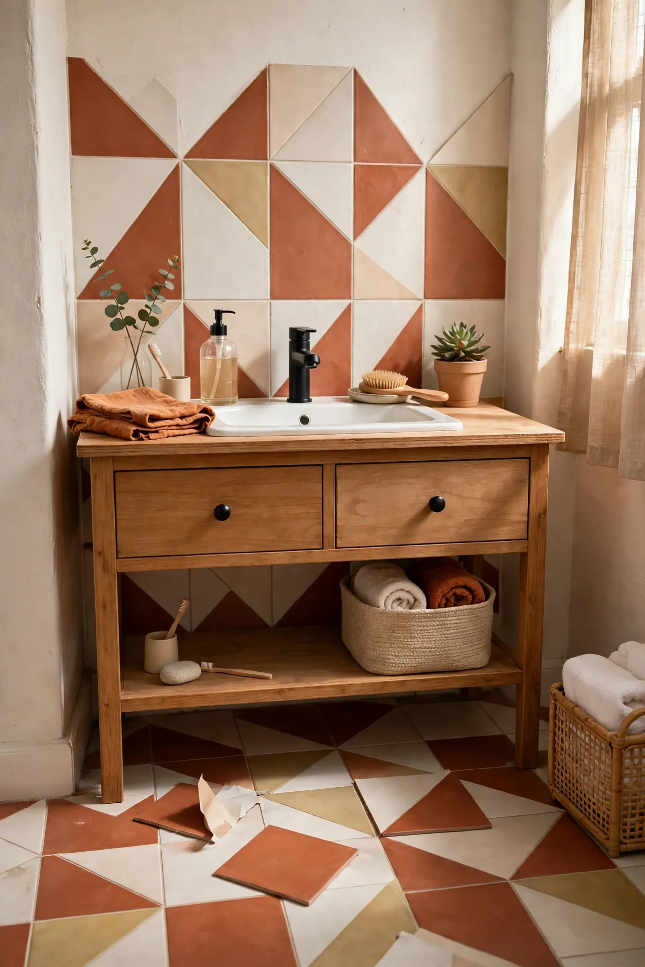 Bold geometric peel and stick tiles by bathroom vanity