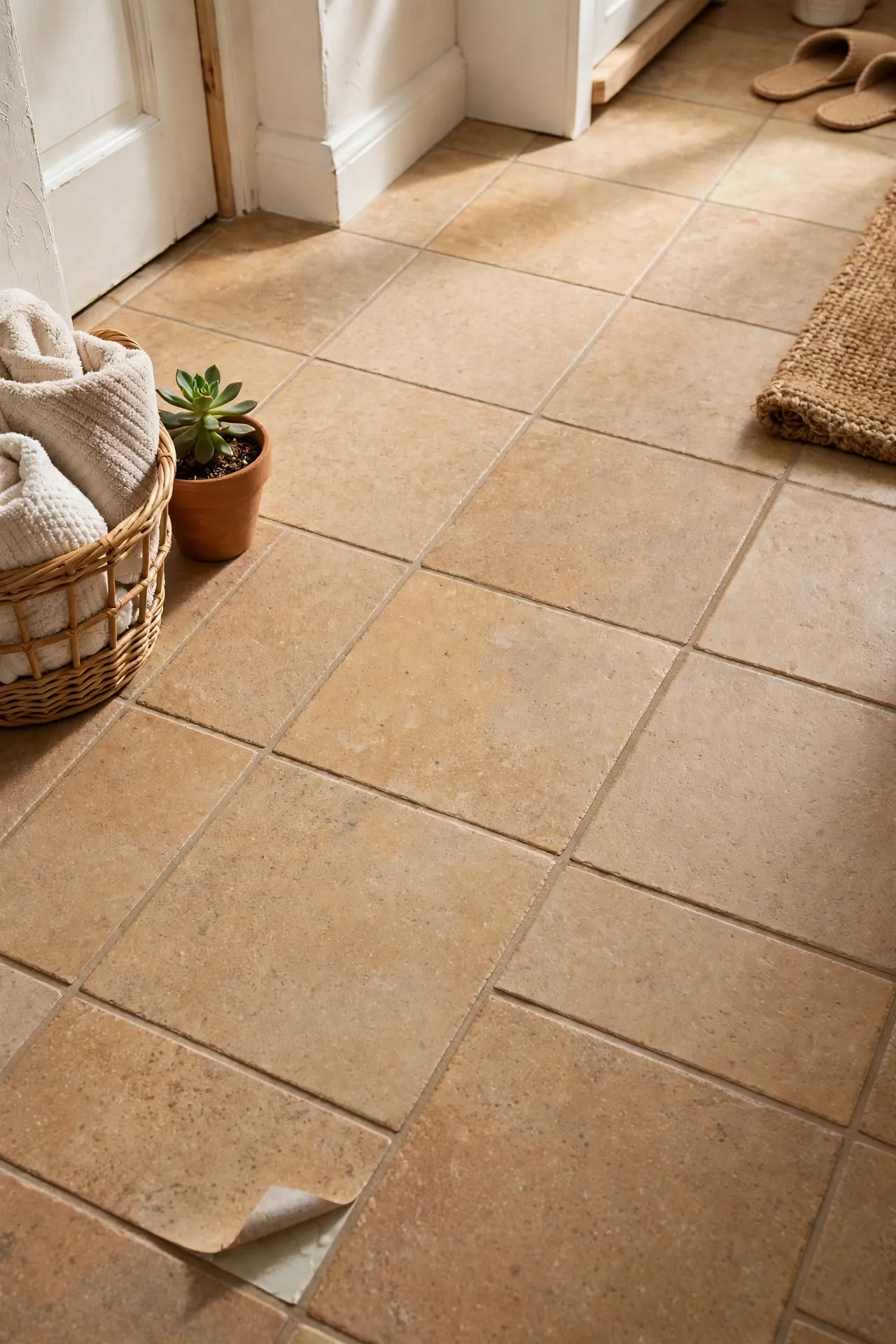Warm sandstone-look peel and stick bathroom floor tiles