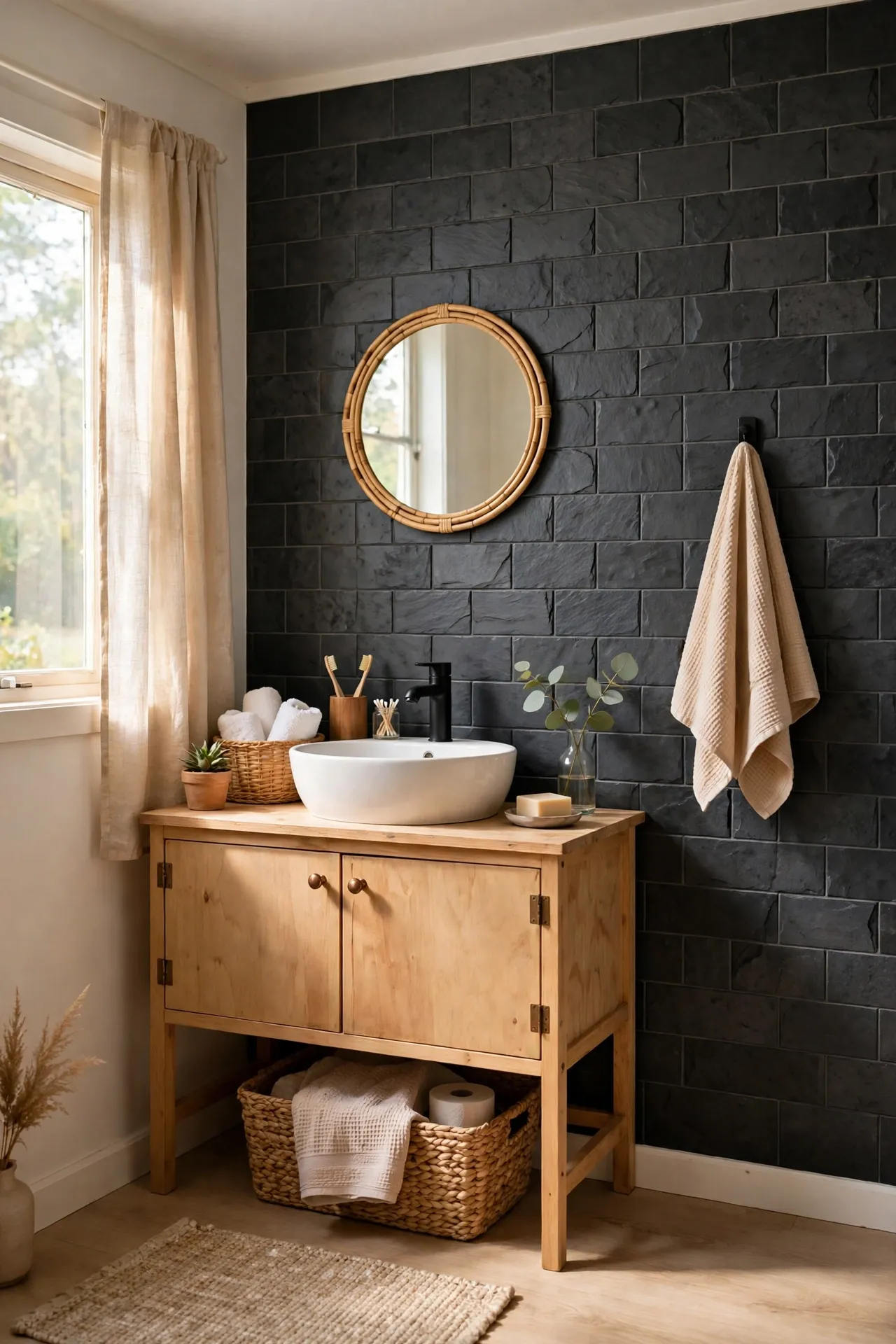 Charcoal slate peel and stick tiles with subtle texture