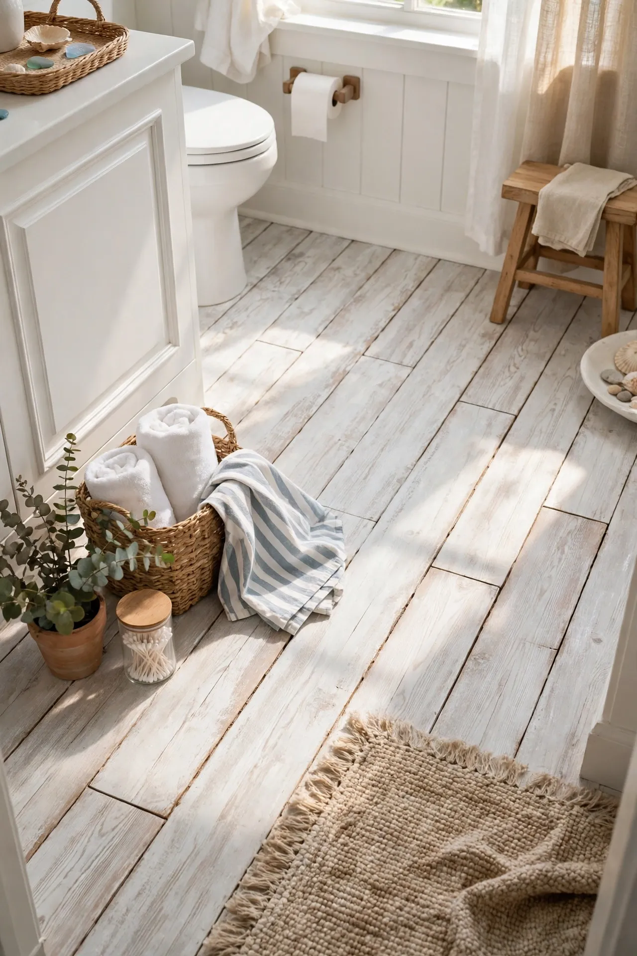 Whitewashed planks on coastal style bathroom floor in home