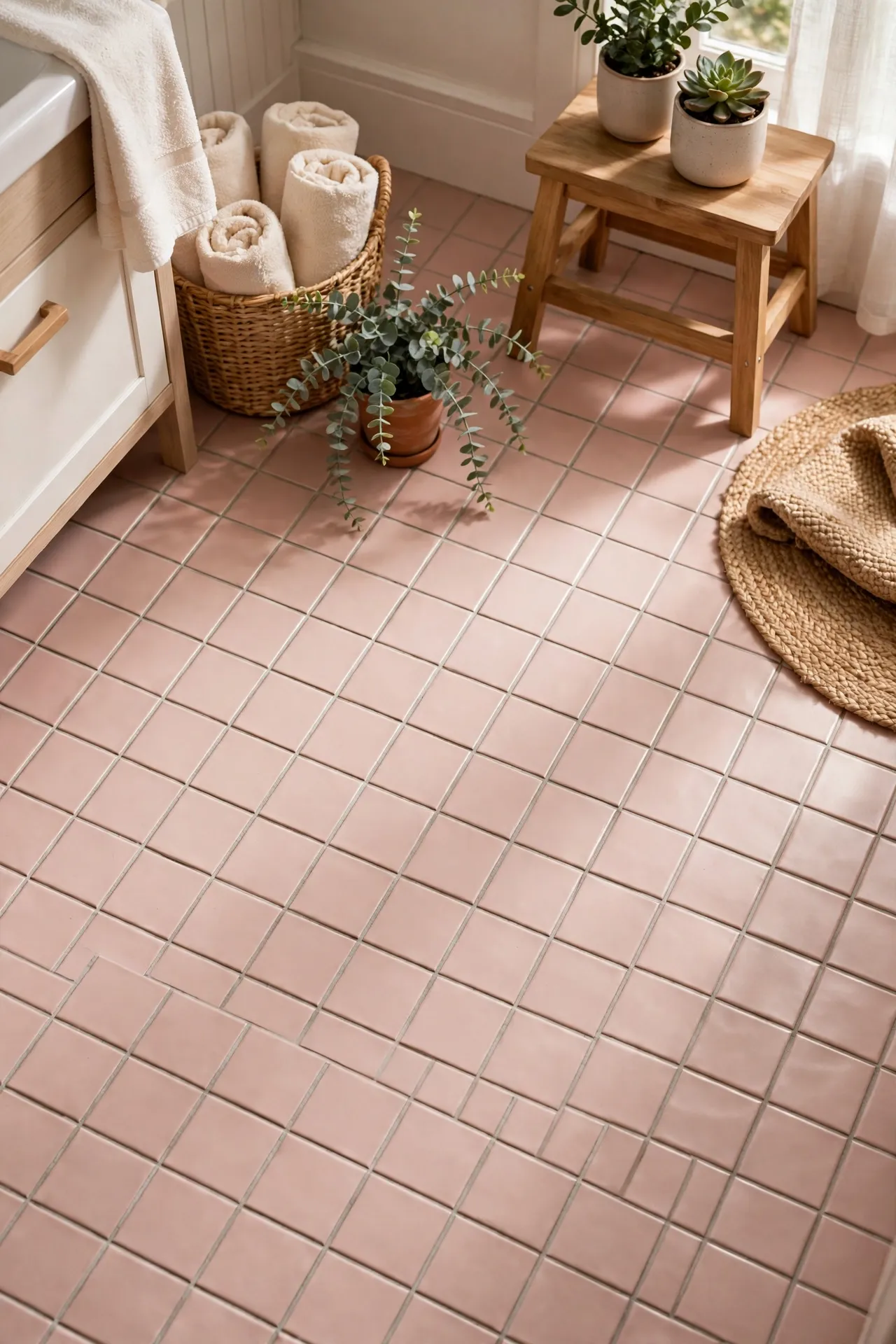 Soft blush pink peel and stick bathroom floor tiles