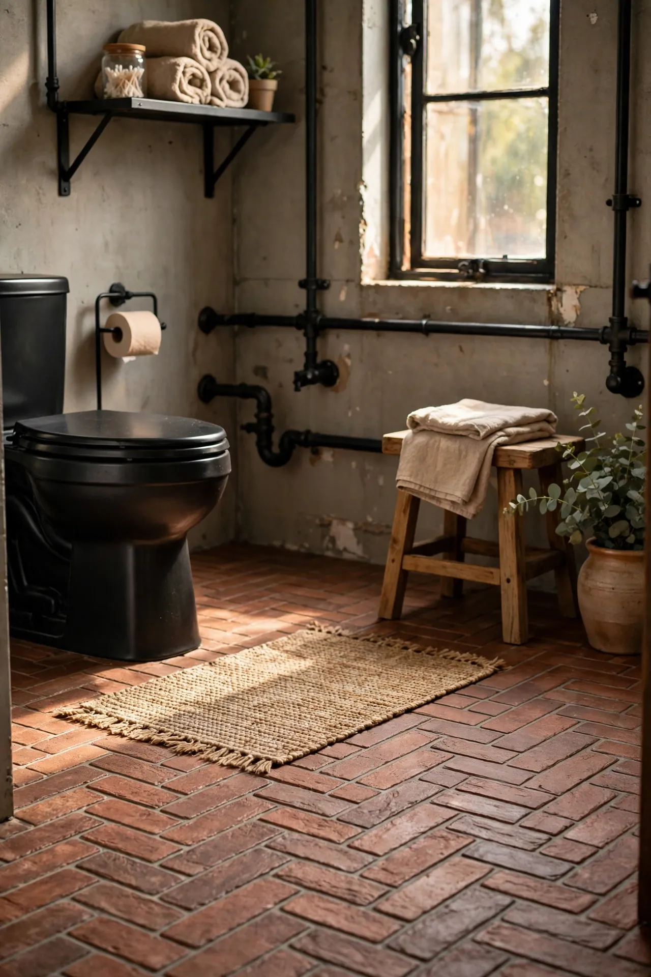 Brick-look peel and stick tiles on bathroom floor
