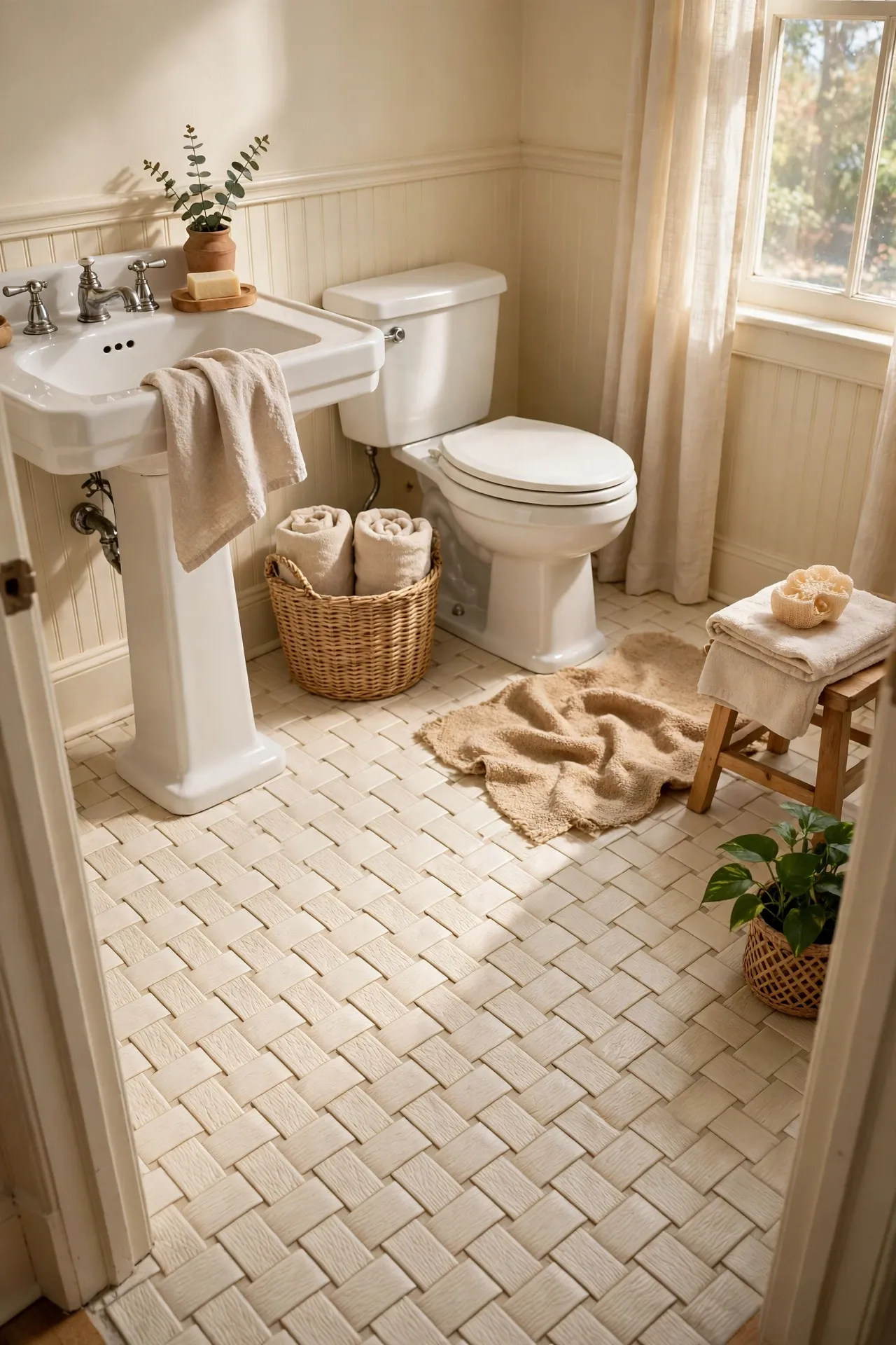 Cream basketweave peel and stick bathroom floor tiles