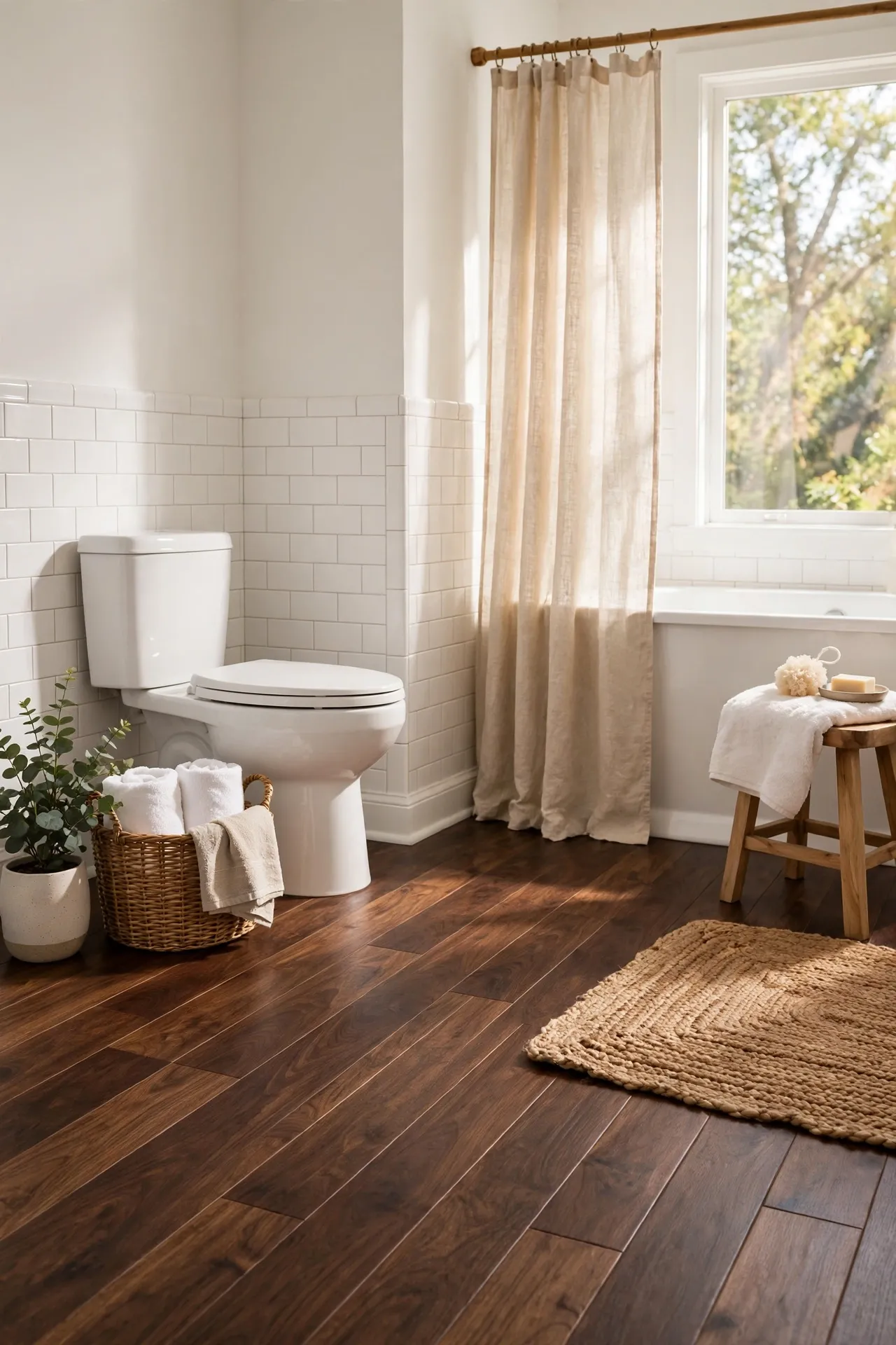 Dark walnut planks contrasting white bathroom walls in home