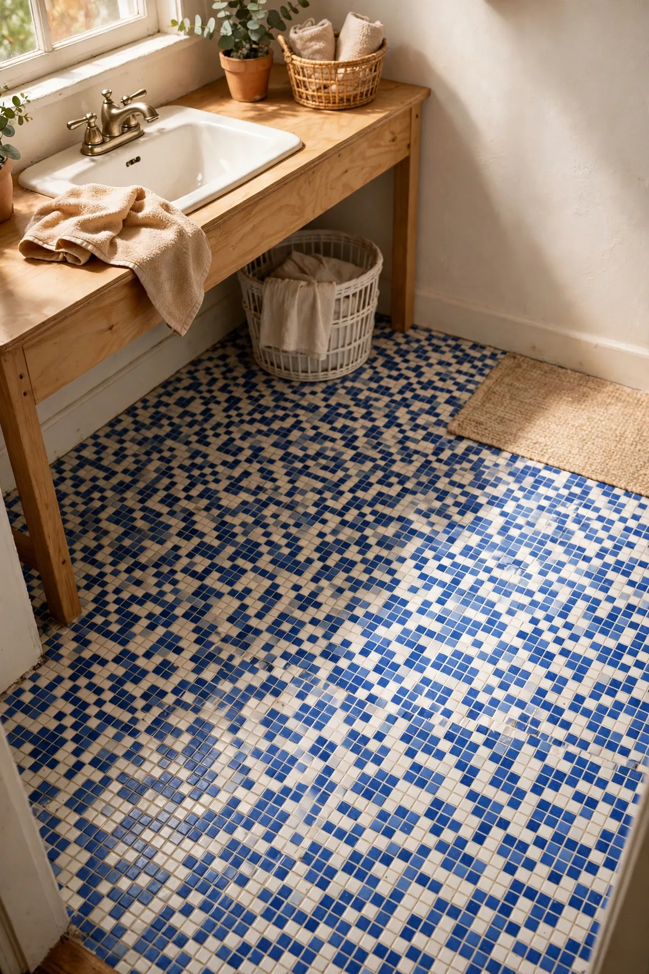Blue and white mosaic peel and stick bathroom tiles
