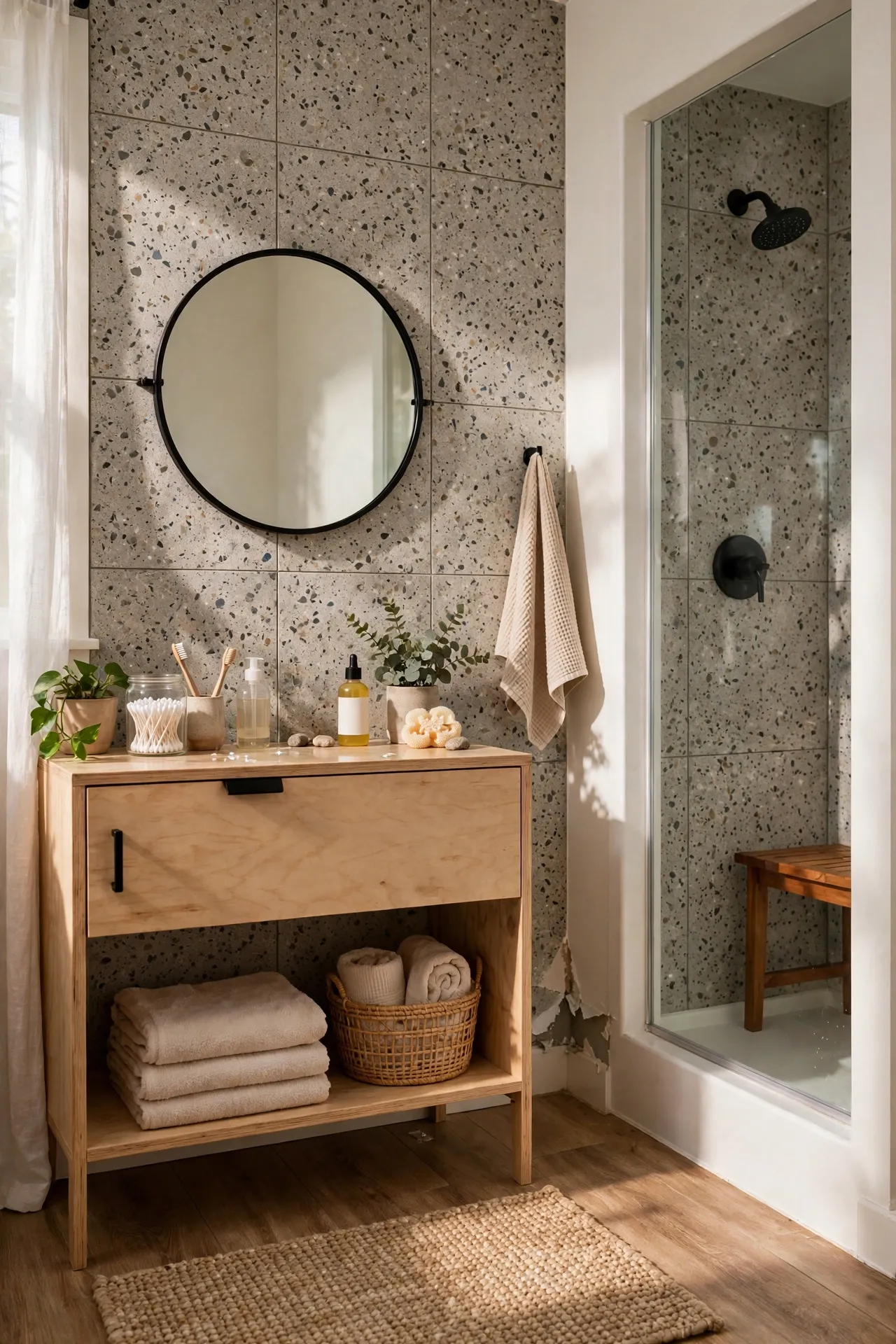 Speckled concrete peel and stick tiles in modern bathroom